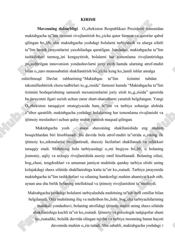 yalash jarayoni. kurs ishining predmeti: maktabgacha yoshdagi bolalarni tarbiyalashda oilaviy, ijtimoiy va tabiiy muhit omillaridan samarali foydalanish usullari va tamoyillari. kurs ishining maqsadi: maktabgacha yoshdagi bolalarni tarbiyalash jarayonida muhitning o„rnini aniqlash va uning ijobiy ta‟sirini kuchaytirish bo„yicha ilmiy-amaliy tavsiyalar ishlab chiqish. kurs ishining vazifalari: 1.maktabgacha yoshdagi bolalarni tarbiyalash jarayonida muhitning ahamiyatini nazariy jihatdan tahlil qilish. 2.bolaning rivojlanishiga oilaviy, ijtimoiy va pedagogik muhitning ta‟sirini o„rganish. 3.maktabgacha ta‟lim tashkilotlarida tarbiyaviy ishlarning muhit bilan bog„liqligini tahlil qilish. 4.bolalarni tarbiyalash jarayonida muhit omillarining ijobiy ta‟sirini oshirish bo„yicha tavsiyalar ishlab chiqish. kurs ishining o„rganilganlik darajasi:maktabgacha yoshdagi bolalarni tarbiyalash va muhitning ta‟siri masalasi ko„plab pedagog, psixolog va sotsiolog olimlar tomonidan chuqur o„rganilgan bo„lib, bu borada turli ilmiy nazariyalar, metodik yondashuvlar va amaliy tavsiyalar ishlab chiqilgan. bolalar tarbiyasida muhitning o„rni, ijtimoiy muhitning bola shaxsiga ta‟siri va uning rivojlanishidagi ahamiyati pedagogika va psixologiya fanlarida muhim tadqiqot yo„nalishlaridan biri hisoblanadi. maktabgacha yoshdagi bolalar tarbiyasining muhit bilan bog„liqligi masalasini o„rganishda …