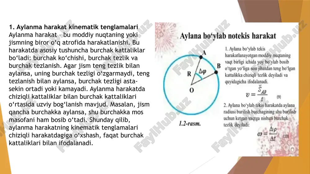 hi yoki soxta kuchdir. 6 aylanish kinetik energiyasi aylanuvchi jism yoki moddiy nuqta ham harakat energiyasiga ega bo‘ladi. bu energiya uning massasi, tezligi va aylanish xususiyatlariga bog‘liq. ilgarlanma kinetik energiya oddiy to‘g‘ri chiziqli harakat uchun kinetik energiya. aylanishda nuqta doimiy chiziqli tezlikka ega. aylanish kinetik energiyasi jismning aylanishi bilan bog‘liq energiya. bu formulada i inersiya momentini, \omega esa burchak tezligini ifodalaydi. inersiya momenti (i) aylanma harakatda massa kabi harakatlanadi. u jismning aylanish holatini o‘zgartirishga qarshilik ko‘rsatish qobiliyatini o‘lchaydi. moddiy nuqta uchun i = m r^2. aylanma harakatlanayotgan moddiy nuqtaning umumiy kinetik energiyasi uning aylanishi va agar mavjud bo‘lsa, markaziy massaning ilgarlanma harakati energiyalarining yig‘indisidan iborat. 8 haqiqiy hayotdagi misollar aylanma harakat tamoyillari ko‘plab amaliy qurilmalar va tabiiy hodisalar orqali namoyon bo‘ladi. sun'iy yo'ldoshlar orbitasi yoʻldoshlarning yer atrofida aylanma harakati tortishish kuchi (markazga intilma kuch rolida) ta'sirida sodir boʻladi. aniqlangan orbita radius va tezlikka bog‘liq. kir yuvish mashinasi mashinaning quritish jarayonida …