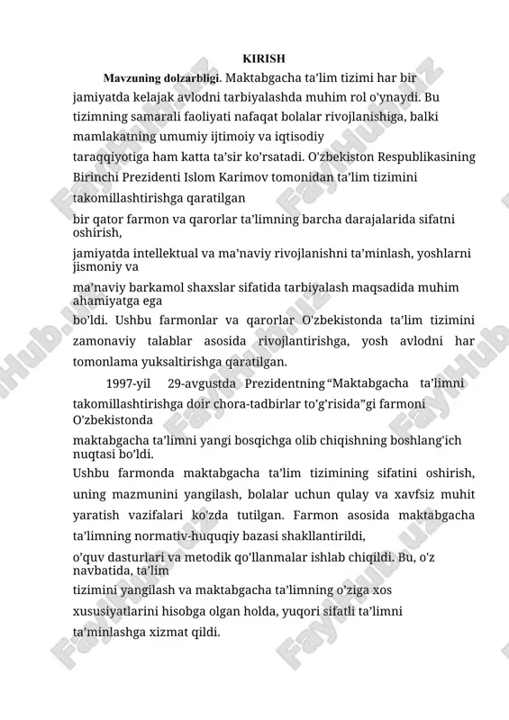 i, avvalo, bolalar uchun aqliy, jismoniy va ma’naviy jihatdan sog'lom, barkamol shaxslar sifatida rivojlanish imkoniyatlarini yaratishdir. “takomillashtirilgan ilk qadam” dasturi o’zbekistonda maktabgacha ta’lim tizimini yangilash va takomillashtirishning muhim qismi sifatida o’qitish metodikasini tubdan o’zgartirishni, bolalar uchun qulay va xavfsiz muhit yaratishni, o’quv jarayonini innovatsion usullar bilan boyitishni maqsad qilgan. o'zbekistonning birinchi prezidenti tomonidan imzolangan farmonlar va qarorlar nafaqat ta’lim tizimi, balki jamiyatning barcha sohalaridagi o’zgarishlarni boshqarishda asosiy yo’nalishlarni belgilab berdi. ular mamlakatimizda ta’limning har bir bosqichini zamonaviy, raqobatbardosh va xalqaro standartlarga mos ravishda rivojlantirishga qaratilgan muhim huquqiy hujjatlar bo’lib xizmat qilgan. maktabgacha ta’limni modernizatsiya qilish, uni yanada sifatli va samarali qilish uchun davlatning barcha sa’y-harakatlari birlashtirilgan. shu nuqtada, “takomillashtirilgan ilk qadam” dasturi maktabgacha ta’lim tizimining yangi bosqichini yaratish, bolalarga to’g’ri pedagogik ta’lim va tarbiya berish uchun zarur bo’lgan imkoniyatlarni taqdim etadi. dastur doirasida tashkil etilayotgan faoliyat markazlari bolalar o'rtasida ijodiy fikrlash, muammoni hal qilish va jamoada ishlash ko'nikmalarini rivojlantirishga yordam …