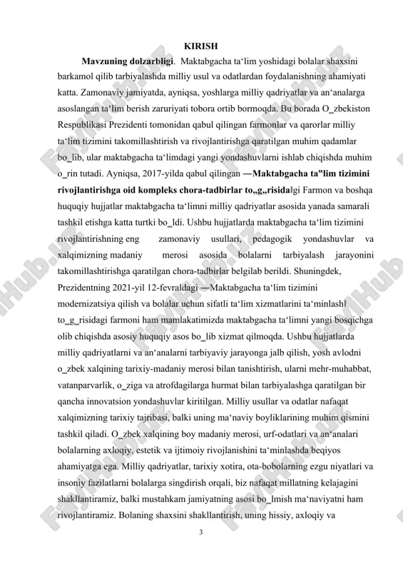 biya jarayonining asosiy g‗oyalaridan biridir. shu sababli, maktabgacha ta‘limda milliy usullardan foydalanish nafaqat tarbiya, balki bolalar orasida ijtimoiy va axloqiy savodxonlikni ham rivojlantirishga xizmat qiladi. milliy an‘analarga asoslangan ta‘lim va tarbiya bolalarga o‗z madaniyatini anglash, o‗z tarixini hurmat qilish, milliy va dini qadriyatlarni saqlash va rivojlantirishga yordam beradi. ushbu jarayonda maktabgacha ta‘lim yoshidagi bolalar uchun o‗zbek xalqining boy madaniy merosi, o‗zining rang-barang urf-odatlari, musiqasi, raqs va adabiyoti orqali ta‘lim berish katta ahamiyatga ega. bu orqali bolalar nafaqat o‗zlarining madaniy merosini chuqur anglaydilar, balki jamiyatda o‗z o‗rinlarini topish uchun zarur bo‗lgan ma‘naviy ko‗nikmalarni ham egallaydilar. milliy usullarni amaliyotda qo‗llash nafaqat bolalarni intellektual rivojlantirishni ta‘minlash, balki ularning ijtimoiy ko‗nikmalarini shakllantirish, tengdoshlar bilan muloqot qilish va atrof-muhitga nisbatan hurmatni rivojlantirishga yordam beradi. maktabgacha ta‘limda milliy usullar va odatlarni qo‗llash bolalarga nafaqat milliy qadriyatlarni o‗rgatadi, balki ularning hissiy va axloqiy rivojlanishini ham ta‘minlaydi. milliy urf-odatlar, bayramlar, xalqning asrlar davomida shakllangan hikmatlari bolalarga jamiyatda o‗z …
