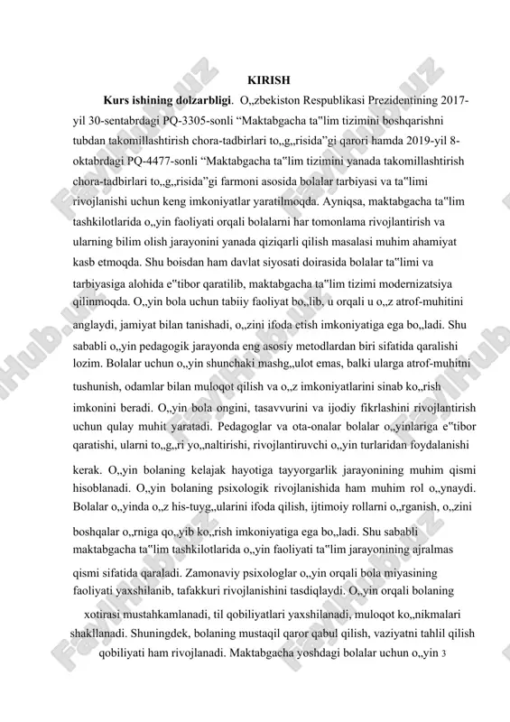 salan, ranglarni ajratish, sanash, so„z boyligini oshirish, tabiat hodisalarini tushunish kabi jihatlar didaktik o„yinlar orqali shakllanadi. harakatli o„yinlar bolaning jismoniy rivojlanishiga ijobiy ta‟sir ko„rsatadi. ushbu o„yinlar bolaning reflekslarini, muvozanatni saqlash, tezkorlik va chaqqonlik kabi ko„nikmalarini rivojlantiradi. o„yin faqatgina bolani hordiq chiqarishga xizmat qilmaydi, balki uning ijtimoiylashuvi, hayotiy tajribalar orttirishi, jamoada harakat qilish, muammolarni hal qilish, o„z fikrlarini ifodalash kabi ko„nikmalarni ham shakllantiradi. shu sababli, pedagoglar va ota-onalar bolalar uchun o„yin muhitini yaratishlari va o„yin orqali ularning rivojlanishiga ko„maklashishlari muhimdir. o„yin orqali bola jamoaviy mehnatni tushunadi, sheriklari bilan hamkorlik qiladi, muammolarni birgalikda hal qilishga o„rganadi. hozirgi vaqtda innovatsion pedagogik texnologiyalar asosida o„yin usullaridan keng foydalanilmoqda. jumladan, interfaol o„yinlar, raqamli texnologiyalar asosida ishlab chiqilgan rivojlantiruvchi o„yinlar bolalarning tafakkurini kengaytirishga, bilim va ko„nikmalarini oshirishga xizmat qilmoqda. masalan, mobil ilovalar, virtual haqiqat texnologiyalari yordamida bolalar yangi bilimlarni qiziqarli shaklda o„zlashtirish imkoniyatiga ega bo„lib bormoqda. pedagoglar va ota-onalar bolalar uchun o„yin jarayonini samarali tashkil etishlari …