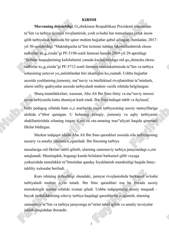 i qarashlarini o„rganish va tahlil qilish. 2.mutafakkir ta‟limotining zamonaviy tarbiya jarayonidagi ahamiyatini aniqlash. 3.oila tarbiyasida ibn sino ilgari surgan tamoyillarni qo„llash imkoniyatlarini o„rganish. 4.ibn sino qarashlari asosida bolalarni barkamol tarbiyalash bo„yicha amaliy tavsiyalar ishlab chiqish. kurs ishining o‘rganilganlik darajasi:abu ali ibn sino ilmiy va falsafiy merosi sharq hamda g„arb olimlari tomonidan uzoq yillar davomida o„rganilib kelmoqda. uning tibbiyot, falsafa, mantiq, axloq va tarbiya masalalariga oid qarashlari nafaqat o„rta asr mutafakkirlari, balki zamonaviy tadqiqotchilar tomonidan ham katta e‟tibor bilan tahlil qilingan. ibn sinoning inson tarbiyasi va axloqiy rivojlanishi haqidagi fikrlari forobiy, beruniy, alisher navoiy kabi allomalarning ta‟limotlari bilan uzviy bog„liq bo„lib, pedagogika va psixologiya fanlarining rivojlanishida muhim o„rin tutadi. ibn sino ta‟lim va tarbiya masalalarini inson hayotining uzviy qismi sifatida ko„rib chiqqan. u bolaning jismoniy, aqliy va axloqiy kamoloti oilada shakllanishini ta‟kidlagan va bu jarayonda ota-onaning o„rni beqiyos ekanini qayd etgan. uning “tib qonunlari” asarida bolani tarbiyalash, sog„lom hayot kechirish 4 …