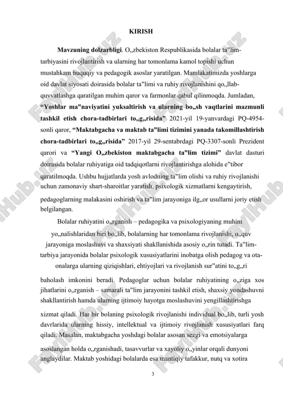 nini moslashtirishga yordam beradi. masalan, bolalarning ijtimoiy moslashuvi, stress darajasi yoki emotsional holatini baholash orqali ularga psixologik yordam ko„rsatish mumkin. bolalar ruhiyatining pedagogik asoslarini o„rganish jarayonida bir necha muhim omillarni hisobga olish zarur: 1.yosh xususiyatlarini inobatga olish – bolalarning turli yosh bosqichlaridagi psixologik ehtiyojlari farqlanadi va har bir bosqichda mos yondashuv talab etiladi. 2.ota-onalar va pedagoglarning hamkorligi – bola ruhiyati nafaqat ta‟lim tashkilotlarida, balki oilaviy tarbiya jarayonida ham shakllanadi. 3.ijtimoiy-madaniy muhitning ta‟siri – bola rivojlanishida uning atrofidagi jamiyat, madaniyat, an‟analar va ijtimoiy muhit katta ahamiyatga ega. 4.pedagogik texnologiyalarning rivojlanishi – zamonaviy innovatsion pedagogik yondashuvlar va psixologik metodlar bolalar ta‟lim-tarbiyasida samarali natijalar berishi mumkin. bolalar ruhiyatini chuqur o„rganish va unga mos ta‟lim metodlarini ishlab chiqish – ularning kelajakda muvaffaqiyatli, ijtimoiy moslashgan va intellektual jihatdan yetuk shaxs bo„lib shakllanishiga yordam beradi. ushbu kurs ishining tarkibi quyidagi bo„limlardan iborat bo„ladi. birinchi bo„limda bolalar ruhiyatini o„rganishning nazariy asoslari, psixologik tushunchalar va asosiy metodlar tahlil …