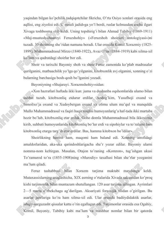 onlik bilan muntazam shutullangan. 120 asar tarjima qilingan. ayrimlari 2—5 marta o’zbekchaga ag’darilgan. aksariyati fors-tojik tilidan o’girilgan. bu asarlar janrlariga ko’ra ham xilma-xil edi. ular orasida badiiydidaktik asarlar, ishqiy-sarguzasht qissalar katta o’rin egallagan edi. tarjimonlar orasida esa ogahiy, komil, bayoniy, tabibiy kabi ma’lum va mashhur nomlar bilan bir qatorda muhammadrasul mirzo, b.sanoiy, rojiy, tolibxo’ja, m. rafe’, habibiy, mag’furxo’ja kabi ko’pchilikka uncha tanish bo’lmaganlari ham bor edi. tabiiyki, ularning mehnat va san’at darajalari ham turlicha edi. ogahiy yigirmadan ortiq asarni fors tilidan o’zbekchaga o’girdi. xix asrning 2-yarmi — xx asr boshlarida esa bu an’anani tabibiy va bayoniy davom ettirdilar. bayoniy «tarixi tabariy» kabi nasriy asarlar qatorida kamolildin binoiyning «shayboniynoma» singari masnaviyda yozilgan tarixiy-badiiy asarlariga ham qo’l urdi. mavlono darvesh ahmadning arab tilidagi «sahoyiful-axbor» («xabarlardan sahifalar», 1-2-jildlari) nomli tarix kitobini mahorat bilan tarjima qildi. atoulloh ibn fazlulloh husayniyning «ravzatul-ahbob»i («do’stlar bog’i») o’zbekcha tarjimasini tahrir etdi. komil xorazmiy xviii asrda yashagan barxurdor mumtozning …