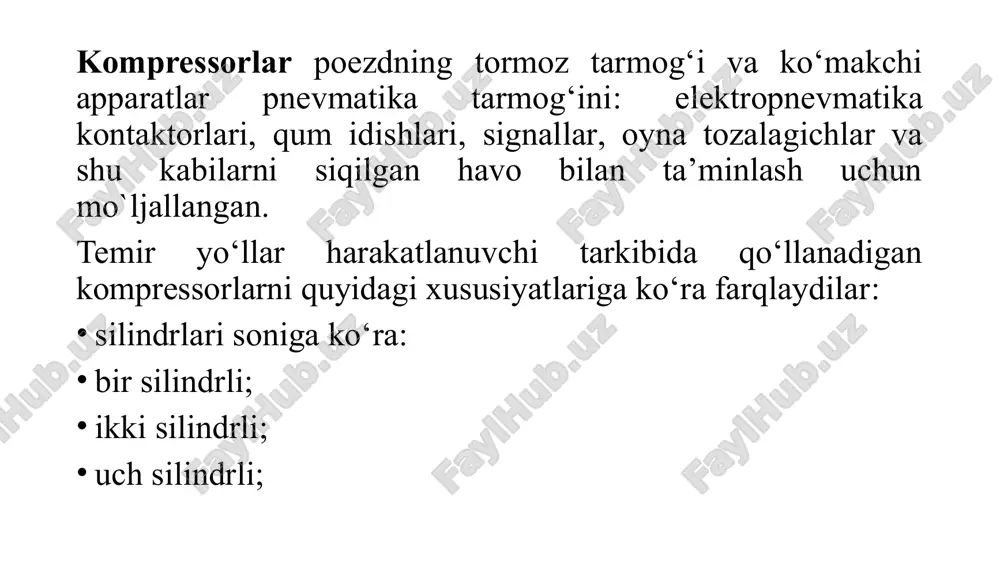 cha masofadagi haydash trubasidagi havo harorati 200° c dan, karterdagi moy harorati esa – 85°c dan oshmasligi shart. kompressorning asosiy ish ko‘rsatkichlaridan biriuning uzatishi, ya’ni u havo birligi davomida haydaydigan havo hajmi bo‘lib hisoblanadi. ekspluatatsiya sharoitlarida kompressor uzatishini bosh rezervuarlarga so‘rilish sharoitlari uchun qayta hisoblangan havo hajmining haydalish vaqtiga qarab aniqlaydilar. kompressorning uzatish koeffitsienti deb bosh rezervuarga uzatilib, so`rilish harorati va bosimiga keltirilgan havo hajmining porshenning aylanadigan hajmiga bo`lgan nisbatiga aytiladi. uzatish koeffitsienti barcha yo`qotishlar – so`ruvchi klapanlar qarshiligi, porshen halqalarining zich emasligi, sovutilish sharoitlari va shu kabilarni hisobga oladi (kt6 kompressor uchunu 0,7 – 0,85 ni tashkil qiladi). kompressorning hajmiy fiki deb silindrga so`riladigan havo hajmining nazariy hajmga bo`lgan nisbatiga aytiladi; u zararli bo`shliq kattaligiga va bosimga bog’liq. uzatish koeffitsienti hamisha hajmiy fik dan kichik bo`ladi. kompressorlar qo`llanadigan elektrovozlar, teplovozlar, elektro va dizel – poezdlar seriyalari 3.1 - jadvalda keltirilgan. kompressorlarning texnik tavsiflari 4.2 - jadvalda berilgan. 3.2. kt6 …