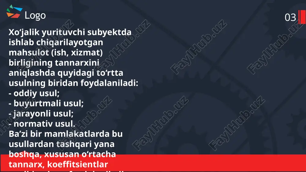 hiqarish ishchilari uchun hisoblangan ish haqi xarajatlariga qo‘shiladi. natijada shu tariqa hisoblashlar asosida ishlab chiqarilayotgan mahsulot tannarxi aniqlanadi. logo 05 umumishlab chiqarish xarajatlari esa normative koeffitsent asosida hisobdan chiqariladi. aynan mana shu tartibda ishlab chiqarish xarajatlarini hisoblash buxgalteriya hisobining barcha schyotlari bo‘yicha mahsulot harakatini ifoda etadi. yuqorida keltirilgan misolda ham ko‘rish mumkinki, ishlab chiqarilayotgan mahsulot tannarxini buyurtmali usul orqali hisoblash juda oddiy va qulay hisoblanadi. ishlab chiqarishni tashkil qilish va tugallanmagan ishlab chiqarish bo‘lmaganligi uchun ham ortiqcha hisob-kitoblar qilinmaydi, shunga muvofiq tannarx miqdorini tez aniqlash va uni to‘g‘ri hisoblanish imkoniyati juda katta. chunki, buyurtma bajarilgandan so‘ng qilingan barcha xarajatlar yig‘iladi, tannarx aniqlanadi. bu usul shuningdek buxgalteriya hisobini tashkil qilish, ya’ni xo‘jalik operatsiyalarini buxgalteriya hisobining schyotlarida aks ettirishga ham qulaylik tug‘diradi. add your title add your words here add your words here add your words here add your words here add your words here add your title add your words here,add …