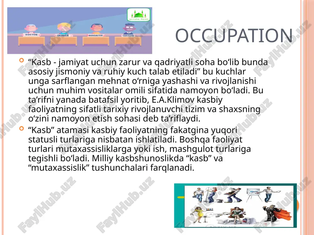 xulq-atvorning alohida elementlarini “o’ynaydi”. ikkinchi bosqich – o’smirlik xayoli bo’lib, o’smir orzularida, o’zini u yoki bu qiziqarli kasbning namoyondasi sifatida ko’radi. uchinchi bosqich - ilk o’spirinlik davrini qamrab oladi – dastlabki kasb tanlashdir. har xil faoliyat turlari o’smirning qiziqishlari tomonidan saralanadi va baholanadi (“men tarixiy romanlarni yoqtiraman, tarixchi bo’laman”), keyin qobiliyatlari nuqtai nazaridan kasb tanlashga harakat qilinadi (“men matematikani yaxshi o’zlashtirayapman, matematik bo’lsammikan?”, eng so’nggida qadriyatlar tizimi nuqtai nazaridan qarab chiqiladi (“men kasal odamlarga yordam berishni hohlayman, vrach bo’laman"; “ko’p pul topishni hohlayman, qaysi kasb bu talabga javob beradi?”). qiziqishlar, qobiliyatlar va qadriyatlar kasb tanlashning har bir bosqichida namoyon bo’ladi. fanga qiziqish o’quvchini u bilan ko’proq shug’ullanishga undaydi, bu esa uning qobiliyatlarini rivojlantiradi, qobiliyatlar esa faoliyat muvaffaqiyatini ta’minlaydi va qiziqishlarni mustahkamlaydi. to’rtinchi bosqich – amaliy qaror qabul qilish, kasb tanlash bosqichi bo’lib, o’z ichiga ikki bosh tarkibiy qismni oladi: avval biror faoliyat bilan shug’ullanish istagi paydo bo’ladi, keyin esa qonkret …