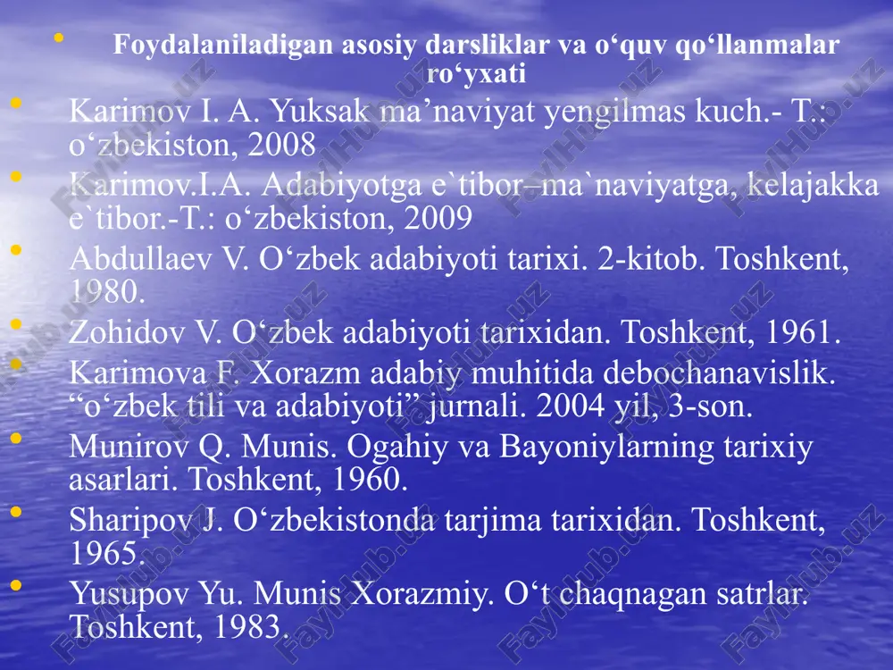 is, ogahiy, bayoniy misolida silsilaviy tus oldi. abulg‘ozi an’analari munosib davom ettirildi. daho shoirlarimiz mahorati tufayli tarixiy asarlar o‘zbek nasrining ham noyob namunalariga aylandi. litografiya, kino san’ati kirib keldi. tazkiranavislikka e’tibor berildi. ahmad tabibiy tomonidan yaratilgan "majmuat ush-shuaro" tazkirasi, bayoniy tuzgan "haft shahzoda" nomli majmualar bu davr adabiy muhiti va adabiyot ko‘lamini yoritishda muhim ilmiy qimmatga ega. laffasiy tomonidan yaratilgan tazkira ham davr adabiy jarayonini tasavvur etishimizda asosiy manbalardan. shu bilan bir qatorda, ushbu tazkira, majmualar adabiyotshunoslik tarixi, unga oid asarlarning yaratilish sabablari va jarayonlari haqida ham ma’lumot beradi. muhammad raxim ii hayoti va ijodi muhammad raxim ii iste’dodli shoir, “feruz” taxallusi bilan e’lon qilingan bir qator she’riy asarlar muallifi sifatida ham tanilgan. zamondoshlarining bergan ma’lumotlariga ko‘ra xivada, xon saroyida 30 dan ortiq shoir ijod qilgan, xonning o‘zi har kuni kechki ovqatdan so‘ng xivaning mashhur shoirlari va qo‘shiqchilari ishtirokida g‘azalxonlik tashkil etgan. xiva xoni muhammad raxim ii xiva shahrida musiqa …