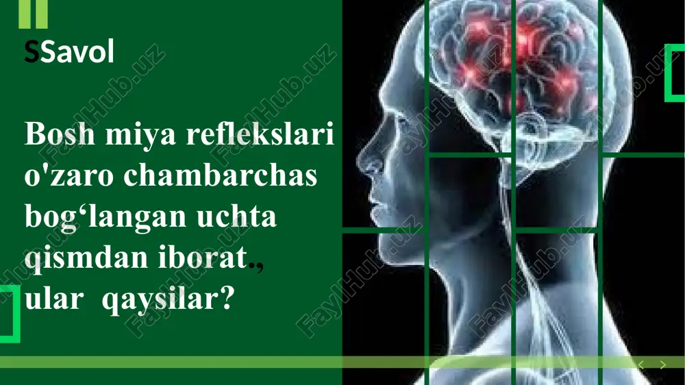 aydo bo‘ladigan xilma-xil bog’lanishlarbilan bog‘liq. agar o‘rganilgan bilim takrorlanib turilmasa esdan chiqadi, ya’ni nerv markazlari o‘rtasidagi bog‘lanishlar uziladi. lekin bu bog'lanishlar yo'qolsa ham, ularning izi qoladi. shartli reflekslar shartsiz ta’sirlovchi bilan mustahkamlanib turilmasa, so‘na boshlaydi, ya’ni tormozlanadi. masalan, chiroq yoqilganidan so‘ng itga ovqat berilmasligi ketma-ket bir necha marta takrorlanadigan bo'lsa, chiroqning yoqilishi itda soiak ajralishi refleksini paydo qilmaydi. shartsiz va shartli reflekslar notanish ta’sirlovchi - chamalash refleksini hosil qiladi. chamalash refleksi boshqa organlarda qo‘zg‘alishni paydo qiladi, oldingi qo‘zg‘algan markazlar tormozlanish holatiga o‘tadi. masalan, quloqlarini ding qiladi, boshini burib qaraydi. it bosh miyasidagi ovqatlanish markazi tormozlanib, so‘lak ajralishi to‘xtaydi. mustahkamlash uchun savollar 39382 e’tiboringiz uchun rahmat image1.jpg image2.jpg image3.crdownload image4.jpg image5.jpg image6.jpeg image7.jpeg image8.jpeg image9.jpeg image10.jpg image11.jpg image12.jpeg image13.jpeg image14.jpeg image15.jpg /docprops/thumbnail.jpeg