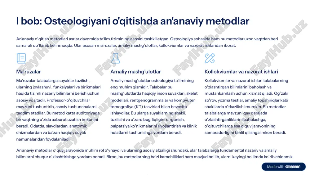 iy bilimlarni oladilar, bu esa ularning tushunchalarini mustahkamlaydi. amaliy ko'nikmalar: haqiqiy suyaklar va modellardan foydalanish orqali talabalar anatomik tuzilmalarni bevosita o»rganishadi, bu esa ularning palpatsiya va identifikatsiya qilish ko»nikmalarini rivojlantiradi. asosiy poydevor: an'anaviy metodlar anatomiyaning asosiy tamoyillarini o»rgatishda muhim poydevor bo»lib xizmat qiladi. o»qituvchi bilan bevosita aloqa: talabalar o»qituvchidan savol berish, tushuntirishlar olish va individual fikr-mulohazalar olish imkoniyatiga ega bo»ladilar. katta guruhlar uchun mosligi: ma¾ruzalar katta guruhlarga axborot uzatishda samarali hisoblanadi. kamchiliklari: passiv o»rganish: ma¾ruzalar ko»pincha bir tomonlama axborot uzatishga asoslanadi, bu esa talabalarni passiv tinglovchiga aylantiradi va ularning faolligini cheklaydi. cheklangan vizuallashish: ba¾zan taqdim etiladigan vizual materiallar, ayniqsa murakkab tuzilmalarni tushuntirishda yetarli bo»lmaydi. materiallarga kirish: haqiqiy suyaklar va modellarga kirish cheklangan bo»lishi mumkin, bu esa barcha talabalarning bir xil darajada amaliy tajriba olishiga to»sqinlik qiladi. vaqt chegaralari: o»quv dasturida mavjud bo»lgan vaqt chegaralari sababli har bir mavzuga chuqur kirish imkoniyati cheklanishi mumkin. shaxsiylashtirishning yo»qligi: an'anaviy metodlar individual o»rganish tezligini …