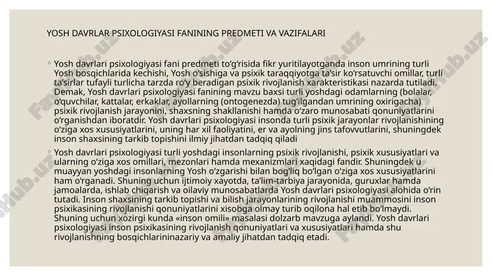 ar xususida bir qancha ma’lumotlar keltirgan. ilmiy psixologik adabiyotlarda qayd etilishiga ko‘ra yosh davrlari psixologiyasi fani 19-asrning boshlarida vujudga kelgan, lekin dastlabki ildizi qadimgi yunon madaniyatiga borib taqaladi. uning predmeti va qonuniyatlari to‘g‘risida jaxon psixologiyasi olamida turli qarashlar va nazariyalar mavjud. ularning juda keng tarqalganlari biogenetik (v.shtern), sotsiogenetik (k.levin) bixevioristik (e.torndayk) psixoanalitik (z.freyd) nazariyalaridir. shuningdek, mazkur fan metodlarga asoslanib tadqiqotlar olib borgan olimlar ham juda ko‘p. ilmiy psixologik adabiyotlarda keltirilgan emperik ma’lumotlar asosida yosh davrlari psixologiyasining mustaqil fan sifatida ajralib chiqishiga qator omillar va xolatlar sabab bo‘lgan degan xulosaga kelish mumkin. quyida ana shu omillar haqida bayon qilamiz: .barcha fanlar negiziga kirib borgan evolyusiya g‘oyasining (ch.darvin) inson psixikasining rivojlanish jarayonida o‘rganish zarurligi; 2.umuminsoniy, umumpsixik qonuniyatlar turli yoshdagi odamlar xatti xarakatini, psixik xususiyatlarini va bolalarning o‘sishiga biror bir faoliyatning ta’sirini aniqlash uchun etarli emasligini e’tirof etish; 3.yosh davrlari psixologiyasi insonning (tug‘ilganidan umrining oxirigacha) kamoloti uchun metodologik va nazariy ahamiyatga ega ekanligi …