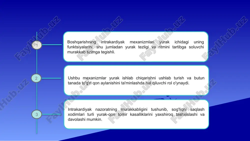 tanada qonni samarali pompalay oladi. yurak harakati potentsialini yaratish nazoratning intrakardial mexanizmlari yurak ta'sir potentsialini yaratishni o'z ichiga oladi. ushbu elektr signallari yurakning ritmik qisqarishlarini muvofiqlashtirish uchun juda muhimdir. kardiyak ta'sir potentsialini yaratish jarayonida yurak hujayralaridagi ion kanallari muvofiqlashtirilgan tarzda ochiladi va yopiladi, bu esa ionlarning hujayralarga kirishi va chiqishiga imkon beradi. ushbu murakkab jarayon yurakning elektr tizimining to'g'ri ishlashini ta'minlash uchun zarur bo'lgan depolarizatsiya va repolyarizatsiya fazalariga olib keladi. 1 2 3 yurak urish tezligini nazorat qilish uchun intrakardial mexanizmlar intrakardial boshqaruv mexanizmlari yurak urish tezligini tartibga soluvchi yurak ichidagi mexanizmlarni nazarda tutadi. ushbu mexanizmlar yurak stimulyatori hujayralari deb ataladigan yurak ichidagi maxsus hujayralarni o'z ichiga oladi. elektrokardiostimulyator hujayralari yurak mushaklarining qisqarishini rag'batlantiradigan elektr impulslarini hosil qiladi, bu esa yurakning ritmik urishiga olib keladi. ushbu impulslarning paydo bo'lish tezligi yurak tezligiga ta'sir qiladi. elektron yurak stimulyatori hujayralaridan tashqari, avtonom nerv tizimi ham yurak tezligini tartibga solishda hal qiluvchi rol …