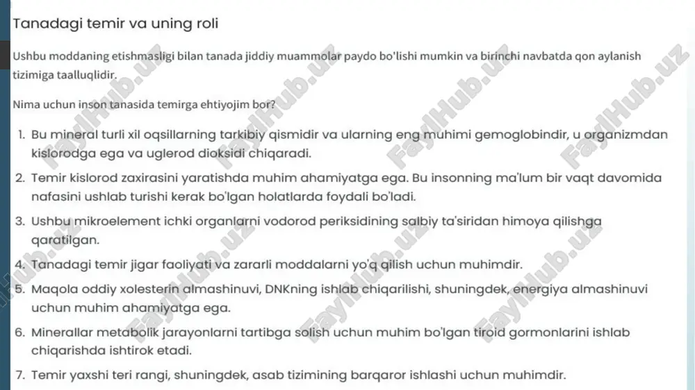 emorning yoshi, kasallikning bosqichi, holat sababchisi, umumiy klinik tasvir va bemorning shaxsiy xususiyatlarini inobatga olib faqat mutaxassis belgilaydi; -- doza oraliq qon tahlili natijalari va yoki bemorning ahvoliga qara davolash paytida o’zgartirilishi mumkin; -- davolash davomida temir preparatlari gemoglobin darajasi natijalariga qarab 3-4 haftadan bir necha oygacha qabul qilinishi mumkin. peroral qabul qilinadigan temirni preparatlari orasida ikki va uch valentli temir shakli tanlanadi. temir preparatlarini mushaklar ichiga va venaga yuborish quyidagi hollarda qo’llaniladi:  anemiyaning og’ir bosqichi;  dori vositalarining og’zaki shakllarini qabulining samarasizligi;  og’zaki shakllaridan foydalanilganda bemorning ahvoli yomonlashib ketishi mumkin bo’lgan oshqozon-ichak traktining o’ziga xos kasalliklari mavjudligi (o’tkir gastrit, oshqozon yarasi, o’n ikki barmoqli ichak yarasi, yarali kolit, kron kasalligi);  organizmni temir moddasi bilan favqulodda qondirish zarurati bo’lgan hollarda, masalan, travma yoki jarrohlikdan keyin qon yo’qotishlarda. e’tiboringiz uchun rahmat! image1.png image2.png image3.png image4.png image5.png image6.png image7.png image8.png image9.png image10.png image11.png image12.png image13.png image14.png image15.png image16.png