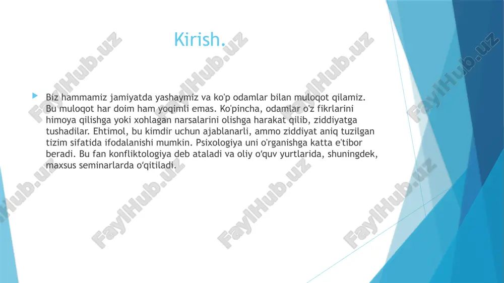 lari; vaziyat rivojlanadigan muhit. aslida konflikt tuzilishining koʻrinib turgan soddaligi koʻplab tuzoqlarni yashiradi. shuning uchun biz barcha fikrlarni batafsil va batafsil tahlil qilishni taklif qilamiz. mojaro ob'ekti strukturaviy vertikalni uning barcha qismlarini batafsil tahlil qilmasdan o'rganish mumkin emas. mojaro mavzusini aniqlash hatto tajribali mutaxassislar uchun ham juda qiyin bo'lishi mumkin. bundan tashqari, konfliktologiya har doim ham konfliktli vaziyatning ob'ektlari va ob'ektlarini ajratmaydi, lekin buni qilish kerak. aks holda, vaziyatlarni hal qilish va barcha ishtirokchilarning ehtiyojlarini aniqlash deyarli imkonsiz bo'ladi. zero, sub'ekt, konflikt ishtirokchilari va ob'ekt doimiy o'zaro ta'sirda bo'lib, bir-biri bilan mustahkam bog'langan. konflikt mavzusi ostida nizo ishtirokchilari o'rtasidagi aniq yoki uydirma muammo shaklida taqdim etilgan kelishmovchilik va qarama-qarshiliklarni tushunish odatiy holdir. bundan tashqari, nizolashayotgan barcha tomonlar uchun uning predmeti butunlay boshqacha bo'lishi mumkin, bu tomonlarning o'z maqsadlariga erishish uchun kurashishiga to'sqinlik qilmaydi. konfliktning predmeti turli moddiy qadriyatlar, diniy e'tiqodlar, ijtimoiy mavqe va boshqa jihatlar bo'lishi mumkin. shuni esda tutish …