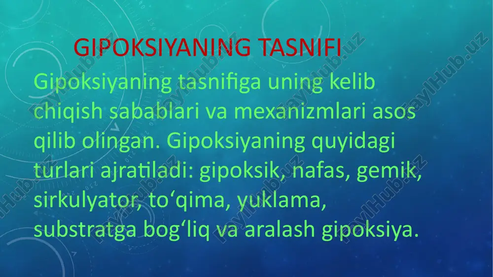 oksiya gipoksiyaning bu turi bir vaqtning oʻzida toʻqimani kislorod bilan taʼminlaydigan bir necha tizim faoliyati buzilishi bilan ifodalanadi. misol uchun ogʻir jarohatda bir vaqtning oʻzida aylanayotgan qonning hajmi kamayadi (sirkulyator gipoksiya), nafas olish yuzaki va tez boʻlib qoladi (respirator gipoksiya), natijada alveolada gaz almashinuvi buziladi. o'tkir gipoksiyani tajribada havoni inert gazlar (azot, geliy, metan) bilan almashtiranda hosil qilish mumkin. tajriba hayvonlari bu inert gazlar bilan nafas olganda 45-90 soniyada oʻlishi mumkin. kuchsizroq o'tkir gipoksiya uglerod oksidi (is gazi) dan zaharlanishda, alpinistlar balandlikka koʻtarilganda, koʻp qon ketganda, oʻtkir yurak va nafas yetishmovchiligi va boshqalarda uchraydi. surunkali gipoksiya uzoq davom etgan surunkali qon kasalliklari (leykozlar, og'ir anemiyalar)da, qon aylanish kasalliklarida (dekom pensatsiyalangan yurak yetishmovchiligi), nafas olish tizimi kasalliklari (bronxial astma, emfizema, pnevmoniya) da va boshqalarda kuzatiladi. gipoksiyada moddalar almashinuvi va fiziologik faoliyatlarning buzilishi gipoksiya har xil a’zolarning strukturasi va faoliyatlari buzilishini keltirib chiqaradi asab tizimi. gipoksiyaga markaziy asab tizimi juda sezgirdir, lekin …