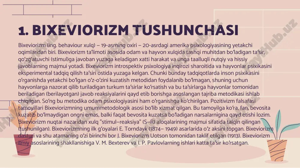 kanligini ta'kidladi psixologiya ochiq xatti-harakatlarga e'tibor qaratish kerak ob'ektiv tahlil qilib bo'lmaydigan "ong" yoki "aql" kabi ruhiy holatlarda va tushunchalarda emas. uotson, shuningdek, tanani va ongni (yoki qalbni) ajratib turuvchi dualistik tushunchani rad etdi va odamlar va hayvonlarning xatti-harakatlarini xuddi shu tarzda o'rganish kerakligini taklif qildi, chunki agar introspektiv usul chetga surilgan bo'lsa, u holda u erda bo'lmaydi ikkalasi o'rtasidagi haqiqiy farq edi. vatson va uning yordamchisi rozali rayner taniqli va bahsli tajribada chaqaloqqa kalamush fobiyasini qo'zg'atishga muvaffaq bo'ldi to'qqiz oy ("kichkina albert"). buning uchun ular kalamushning mavjudligini baland tovushlar bilan birlashtirdilar. kichkina albertning ishi shuni ko'rsatdiki, odamlarning xulq-atvori nafaqat taxmin qilinadigan, balki o'zgartirilishi ham mumkin. pavlov va torndikning hissasi bixeviorizm ko'pchilikka (hech bo'lmaganda maktabdan) ma'lum bo'lgan akademik ivan petrovich pavlovning ilmiy izlanishlariga asoslanadi. tadqiqotlari davomida u buni aniqladi shartli reflekslar ularning tegishliligini aniqlang reaktiv xatti-harakatlar hayvonlarda. ammo tashqi ta'sir orqali ularda shartli - orttirilgan reflekslarni rivojlantirish mumkin, ya'ni yangi …