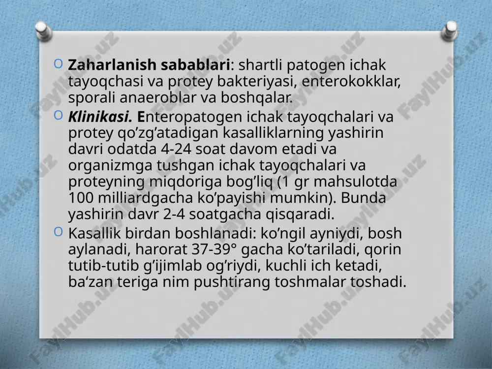 n qulay muhit ekanligi hozir aniqlangan. qoramol bilan odam ham stafilokokklar manbai hisoblanadi. agar oziq-ovqat mahsulotlari stafilokokklar keltirib chiqaradigan ovqatdan zaharlanishlar mastit bilan og’rigan sigirlar sutini iste‘mol qilganda yuzaga keladi, chunki sut mahsuloti kasal tarqatuvchi manba hisoblanadi. klinikasi. kasallanish alomatlari 2-4 soat o’tgandan so’ng paydo bo’ladi. stafilokokk intoksatsiyasining etakchi belgilari gastroenterit hisoblanadi. to’satdan bemor tez-tez qusadigan bo’lib qoladi, qorinda qattiq achishtiradigan og’riq (to’sh sohasi ostida) paydo bo’ladi, tez orada ich ketishi kuzatiladi, ayrim hollarda ich ketmasligi xam mumkin. bemor darmonsizlanadi, boshi og’riydi va aylanadi, puls tezlashadi. tana harorati odatda normal, sovuq ter chiqadi. talvasa tutadi. kasallik qisqa vaqt kechadi. odatda 1-2 kundan keyin bemor sog’ayib ketadi. o’lim bilan tugagan hollar qayd qilinmagan. profilaktikasi quyidagilardan iborat: oziq-ovqat mahsulotlari bilan ishlashga aloqador shahslarning sog’ligi ustidan qat‘iy nazorat olib borish. teri qatlamida qulog’ida, ko’zida, tamog’ida yiringli kasalliklar va yuqori nafas yo’llarida yallig’lanish belgilari bo’lgan shaxslar oziq-ovqat mahsulotlari bilan aloqador ishga qo’yilmaydi. botulizm lotin …