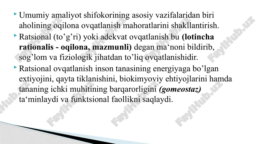 irilgan oziq-ovqat substratlarining muhim qismi organizm tomonidan so’riladi va assimilyatsiya qilinadi. bularga vitaminlar, uchuvchi yog’ kislotalari, lipidlar, aminokislotalar, uglevodlar, nukleotidlar hamda bakteriyalarning hayotiy faoliyati natijasida hosil bo’lgan moddalar kiradi. normal (to’g’ri) ovqatlanish ratsionida turli xil ovqatlar (ovqat maxsulotlari) bo’lishi lozim bo’lib, bu ovqatlar tarkibi kundalik ratsionida 6 ta mahsulot guruhi bo’lishi zarur: sut va sut mahsulotlari; go’sht, parranda go’shti, baliq, tuxum; non, don, makaron va qandolat mahsulotlari; yog’lar; kartoshka va sabzavotlar; mevalar, rezavorlar, tabiiy sharbatlar. shaxsiy ovqatlanishning adekvatligini baholash uchun ko‘pincha so‘rov usulidan foydalaniladi va keyinchalik o‘rtacha kunlik ratsionning ozuqali qiymati va kaloriyaliligi hisoblab topiladi. bu usulning mohiyati shundan iborat-ki, patsient (yoki bir guruh aholi) dan so‘rash orqali o‘rtacha kunlik ovqat ratsionining to‘plami va iste’mol qilingan ovqatlarning miqdori aniqlanadi va taomnoma tuziladi. so‘ngra ovqat mahsulotlarining kimyoviy tarkibini ifodalovchi maxsus jadval yordamida ratsiondagi oqsillar, yog‘lar, karbonsuvlar, vitaminlar, mineral moddalar miqdori topiladi, keyin olingan ma’lumotlarni ovqatlanishning fiziologik meyorlariga taqqoslanadi. shunday qilib, shaxsiy …