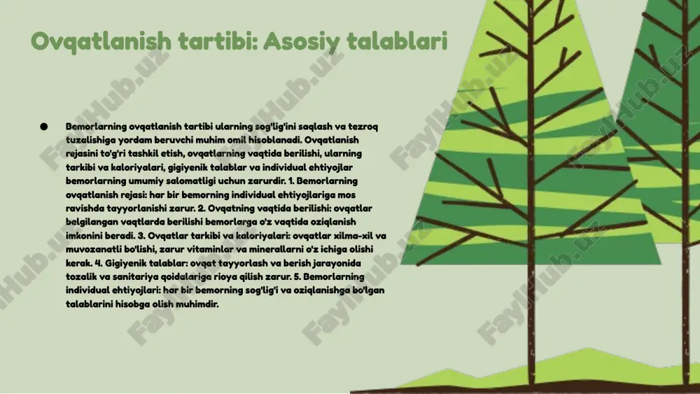 bemorlarning ovqatlanish ehtiyojlarini inobatga olish**: har bir bemorning ovqatlanish ehtiyojlari farq qiladi, shuning uchun ularni individual ravishda ko'rib chiqish va shifokor tavsiyalariga amal qilish zarur. ovqatlanish sifatini nazorat qilish jarayoni bemorlar salomatligi uchun juda ahamiyatlidir. bu jarayon ovqatning sifatini va gigienik xususiyatlarini ta'minlashga qaratilgan. 1 ovqat sifatini baholash mezonlari quyidagilarni o'z ichiga oladi: mahsulotning yangi va tabiiyligi, tayyorlash uslubi, saqlash sharoitlari va xizmat ko'rsatish sifati. 2 ovqatlanish sifatini oshirish usullari: individual ovqatlanish rejalarini ishlab chiqish, sog'lom ingredientlardan foydalanish va doimiy sifat nazoratini amalga oshirish. 3 bemorlar ovqatining sifatini nazorat qilish jarayoni sog'liqni saqlash muassasalarida muhim rol o'ynaydi va bemorlarning tiklanish jarayoniga ijobiy ta'sir ko'rsatadi. 4 sifat nazorati: asosiy tushunchalar sifat nazorati - bu mahsulotlarning sifatini va xavfsizligini ta'minlash jarayoni bo'lib, uning asosiy maqsadi ovqatlanish xavfsizligini kafolatlashdir. ovqatlanish xavfsizligi - bu oziq-ovqat mahsulotlarining iste'mol qilish uchun xavfsiz bo'lishini ta'minlaydigan barcha usullar va jarayonlar yig'indisidir. sifat nazoratida foydalaniladigan asosiy metodlar orasida auditlar, …