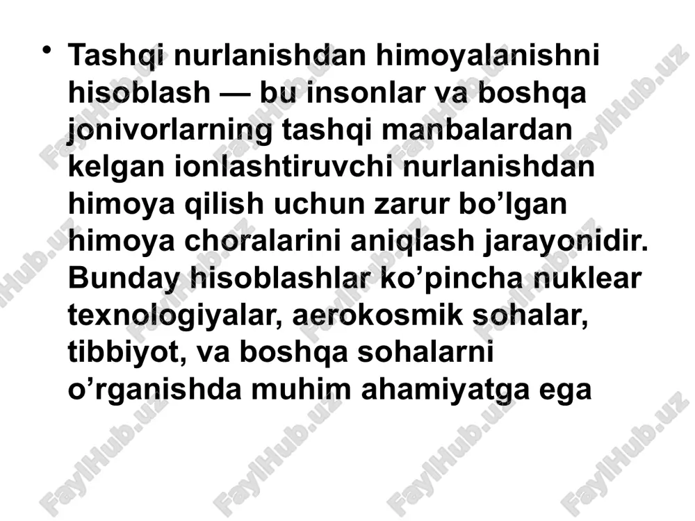 nurlanish manbasidan masofa oshishi bilan nurlanish intensivligi kamayadi. fizik jihatdan bu “kvadrat masofaga teskari proporsionallik” qonuni deb ataladi. shu sababli, nurlanish manbasidan masofani oshirish eng samarali himoya usullaridan biri hisoblanadi 2. material tanlash (shielding): nurlanishni kamaytirish uchun turli materiallar ishlatiladi. masalan: • gamma nurlanishiga qarshi: og’ir materiallar, masalan, beton, blyanx yoki qalin po’latdan foydalaniladi. gamma nurlari ushbu materiallar orqali osonlikcha o’tadi, ammo ular materiallar bilan o’zaro ta’sir qilib, energiyalarini yo’qotadi • neytronlarga qarshi: neytronlar uchun samarali himoya materiallari orasida suv, borat, polietilen kabi suyuq yoki yumshoq materiallar mavjud. neytronlar shu materiallar orqali sekinlasha oladi va energiyasini yo’qotadi beta zarrachalari uchun: beta zarrachalariga qarshi himoya qilish uchun plastmassa, shisha yoki alyuminiy kabi engil materiallar ishlatiladi xulosa tashqi nurlanishdan himoyalanishni hisoblash jarayoni turli faktorlarga asoslangan, jumladan nurlanishning turi, intensivligi, materiallarning xususiyatlari va ularga qarshi qo’llaniladigan himoya metodlari. bu jarayon xavfsizlikni ta’minlash, inson va atrof-muhitni zararli ionlashtiruvchi nurlanishlardan himoya qilish uchun zarurdir. hisoblashlar …