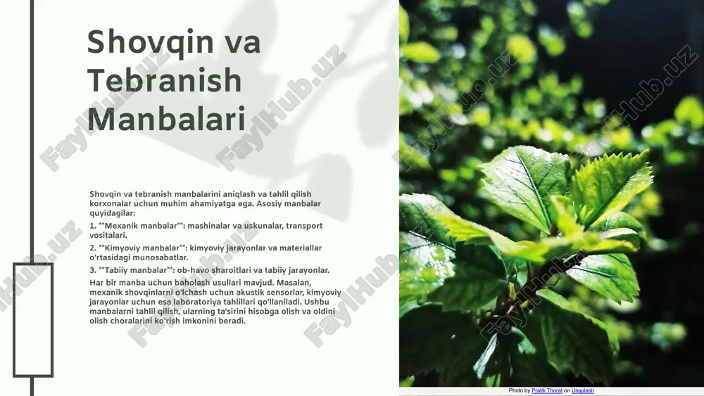 tahlil natijalari shovqin manbalarini aniqlashga yordam beradi. natijalar natijalar samaradorlikni oshirishga xizmat qiladi. tahlil natijalari photo by eugene kuznetsov on unsplash 04.26.24 04.26.24 ishchilar salomatligiga ta'siri shovqin va tebranish ishchilar salomatligiga salbiy ta'sir ko'rsatmoqda. ular eshitish qobiliyatini pasaytiradi, yurak-qon tomir kasalliklari xavfini oshiradi va stress darajasini ko'taradi. salomatlik muammolari ishchilarda shovqinli muhitda ko'plab salomatlik muammolari yuzaga keladi. eshitish yo'qotilishi, yurak-qon tomir kasalliklari va stress ish muhitida keng tarqalgan muammolardir. statistik ma'lumotlar tadqiqotlarga ko'ra, shovqinli muhitda ishlovchilarda xastalik darajasi ancha yuqori. masalan, shovqin darajasi 85 db dan oshganda, eshitish qobiliyati pasayishi 50% ga oshadi. misollar bilan ko'rsatish misol uchun, avtomobil ishlab chiqarish zavodlarida ishlovchilar orasida eshitish qobiliyatining pasayishi va yurak kasalliklari holatlari ko'p uchraydi. bunday sharoitda ishchilarning salomatligini yaxshilash uchun zarur choralar ko'rish lozim. muammolarni hal qilish choralar photo by jane on unsplash 04.26.24 04.26.24 shovqin va tebranish o'rtasidagi aloqa shovqin va tebranish o'rtasidagi o'zaro ta'sir muhimdir, chunki shovqin tebranishni kuchaytirishi …