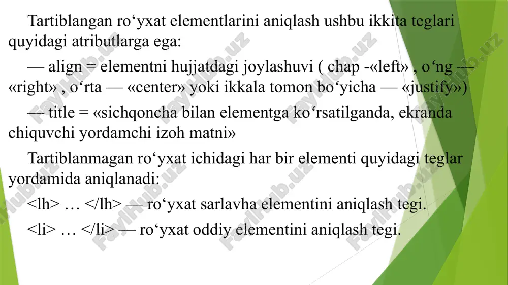 hgan boʻlib bu yacheykalarning har birining uzunligi 30 pikseldan iborat boʻlsin, u holda jadval kengligi 100 piksel boʻlmasdan balki 120 piksel boʻladi. agar birorta yacheyka kengligi 30 pikseldan koʻp boʻlgan grafik tasvir joylashgan boʻlsa, u holda yacheykaning kengligi tasvir kengligiga mos ravishda kengayadi, buning natijasida esa butun jadvalning kengligi oshadi. bu imkoniyat shuning uchun yaratilgan, buning natijasida har bir yacheykadagi maʼlumot aniq va hech qanday yoʻqotishlarsiz toʻlaligicha tasvirlanadi. jadval tuzish usullarini oʻrganishni, eng oddiy jadval yaratishdan boshlaymiz. biz tuzmoqchi boʻlgan jadval uchta ustundan iborat boʻladi va har bir ustunda 3 tadan yacheykalar oʻrin oladi. jadvalning birinchi ustunini “fan nomi", ikkinchisini esa — “kuni", uchinchisini- “vaqti" deb nomlaymiz. biz tuzgan jadval mana bunday koʻrinishda boʻladi: fan nomi kuni vaqti web texnologiya dushanba 11:30 muhandislik dasturlari chorshanba 13:30 oliy matematika juma 15:00 fan nomi kuni vaqti web texnologiya dushanba 11:30 muhandislik dasturlari chorshanba 13:30 oliy matematika juma 15:00 jadvalni boshlash va tugatish …