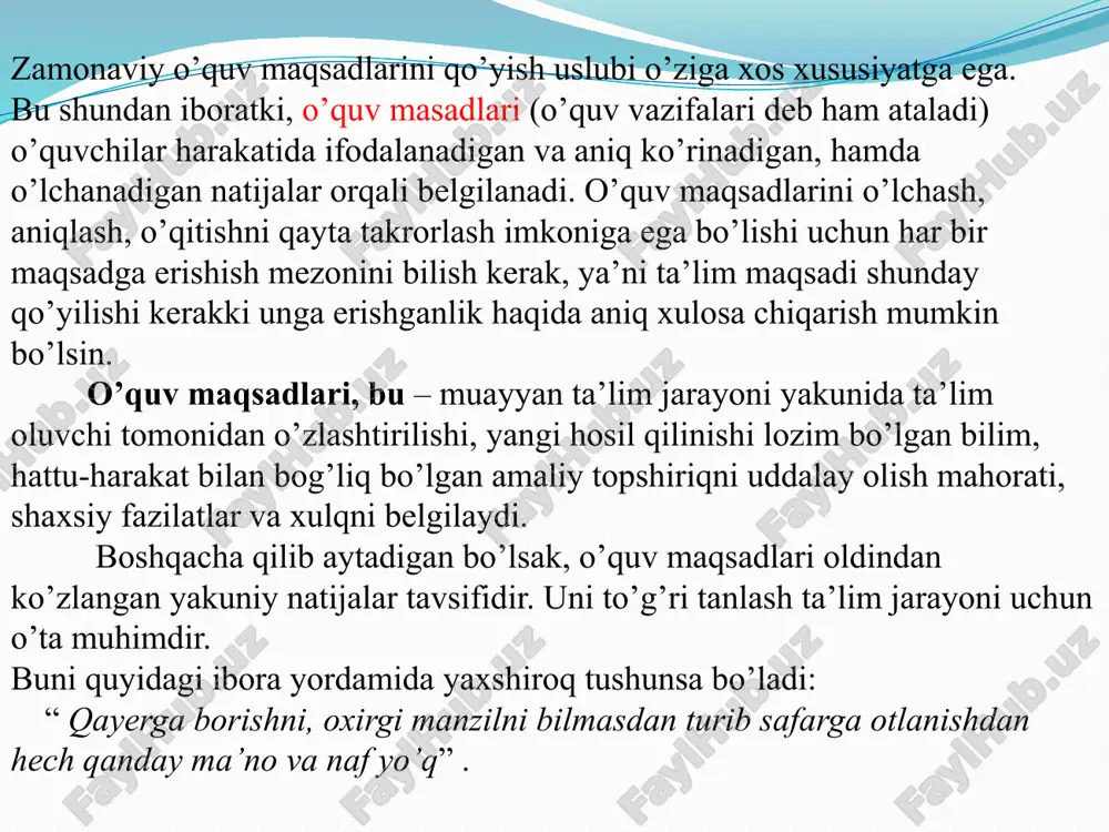 aholash oʻquv maqsadlari oʻquvchining oʻzlashtirgan bilimlarini oʻlchash va baholash imkonini beradi. 3 motivatsiya va qiziqishni oshirish aniq oʻquv maqsadlari oʻquvchining oʻquv jarayoniga boʻlgan qiziqishini va motivatsiyasini oshiradi. 6 oʻquv rejasi: tashkilotning asosiy yoʻnalishlarini qamrab olish. taʼlim sohasi oʻquv rejasi taʼlimning maʼlum bir sohasiga eʼtibor qaratadi va oʻquvchilarga zarur bilimlar va koʻnikmalarni berishga moʻljallangan. oʻquv maqsadlari oʻquv rejasi oʻquv maqsadlarini aniq belgilaydi, ular oʻquvchilar tomonidan oʻzlashtirilishi kerak boʻlgan bilimlar va koʻnikmalarni aniqlaydi. faoliyatlar oʻquv rejasi oʻquvchilar tomonidan amalga oshiriladigan faoliyatlarni rejalashtiradi, bu oʻquv maqsadlariga erishishga yordam beradi. 7 oʻquv maqsadlari: aniq, oʻlchanadiyan, amalga oshirish uchun imkoniyatlarga ega. aniq oʻquv maqsadlari oʻquvchiga nimaga erishish kerakligi haqida aniq tasavvur berishi kerak. oʻlchanadiyan oʻquv maqsadlari oʻlchanadigan boʻlishi kerak, bu oʻquvchining oʻzlashtirgan bilimlarini oʻlchash imkonini beradi. amalga oshirish uchun imkoniyatlarga ega oʻquv maqsadlari amalga oshirish uchun imkoniyatlarga ega boʻlishi kerak, bu oʻquvchiga oʻz maqsadlariga erishish uchun imkoniyat yaratadi. 8 oʻquv maqsadlari: qisqa, oʻrta va uzoq …