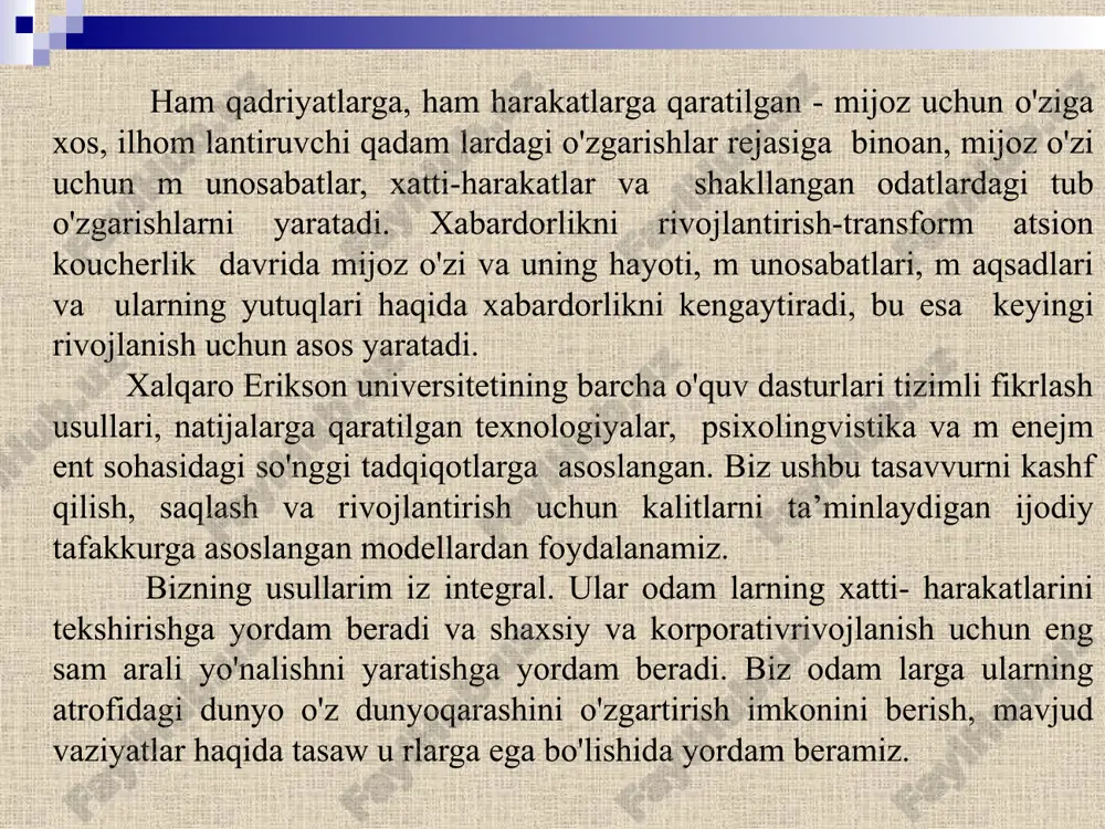 ucherlik butunlay boshqacha; bu yerda mijoz o'zi uchun maqsadlar qo'yadi. professional trenerlar va maslahatchilarning yo'nalishi. boshqalar, sport murabbiylari va boshqa murabbiylarning shubhasiz jozibadorligi va yuqori motivatsion salohiyatiga bo'ysunib, haqiqiy taklif qiladilar. "yulduzlar" bu faoliyatda yorqin professionallar yoki o'z yondashuvlarini yaratishga harakat qilmoqda.yulduzli ijrochilarning xarizmasi yoki ishonchliligi bo'lmasa, bu orqali yetkazilgan m urabbiylik ma'lumotlarining potentsial qiymati yo'qolgan. bundan tashqari, m axsus sinfda olib boriladigan va o'qituvchi yoki m aslahatchi tom onidan to'liq nazorat qilinadigan an’anaviy o'qitish uslubidan uzoqlashishga kuchli qarshilik mavjud. bu shuni anglatadiki, b a’zi tashkilotlarda trening davomida olingan tajribani qo'llash qiyin bo'lgan odam lar uchun ularning ish joyidagi haqiqatda m urabbiylikni n oto'g’ri tushunish "boshqa moda" sifatida yaratiladi. biroq, bu hammasi emas. professional murabbiylarni tanlash obrazets teksta vtoroy uroven tretiy uroven chetvertiy uroven pyatiy uroven vakolatli kouchinglar va maslahatchilar bunday ularni o'zgartirish uchun harakat, turli modellar va yondashuvlar bilan tajriba almashadi. ular butunlay boshqacha vaziyatlarni kutib yo'l tutadi. bu …