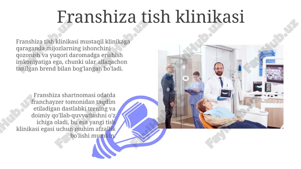 alar keng qamrovli diagnostika xizmatlarini taqdim etadi, masalan, og'iz bo'shlig'ini vizual tekshirish va 2d rentgen nurlari yordamida 28 tagacha tishni baholash imkoniyati mavjud. bolalar tish klinikasi ko'pgina bolalar tish klinikalarida bolalarning qo'rquvini kamaytirish uchun o'yin xonalari, multfilmlar va yorqin ranglar kabi qulay muhit yaratishga katta e'tibor beriladi. bolalar tish klinikalarida tish emalining erta shikastlanishining oldini olish uchun ftoridli laklarni qo'llash va tishlarni tozalash usullarini o'rgatish kabi profilaktika choralari keng qo'llaniladi. kichik tish klinikasi 01 02 "kichik tish klinikasi" odatda 1-3 ta tish shifokori va 2-4 ta yordamchi xodimlardan iborat bo'lib, aholiga asosiy stomatologik xizmatlarni ko'rsatadi, masalan, tekshiruv va tozalash. sales 1st qtr 2nd qtr 100 0 sales 1st qtr 2nd qtr 100 0 klinikaning o'lchamiga ko'ra tasniflash o'rta klinikalarda 4-7 ta stomatolog ishlashi mumkin, ular yanada keng qamrovli xizmatlar va mutaxassisliklarni taklif etadi, masalan, ortodontiya yoki periodontologiya. yirik klinika yoki stomatologiya markazlarida 8 dan ortiq stomatolog va ko'plab assistentlar ishlashi …