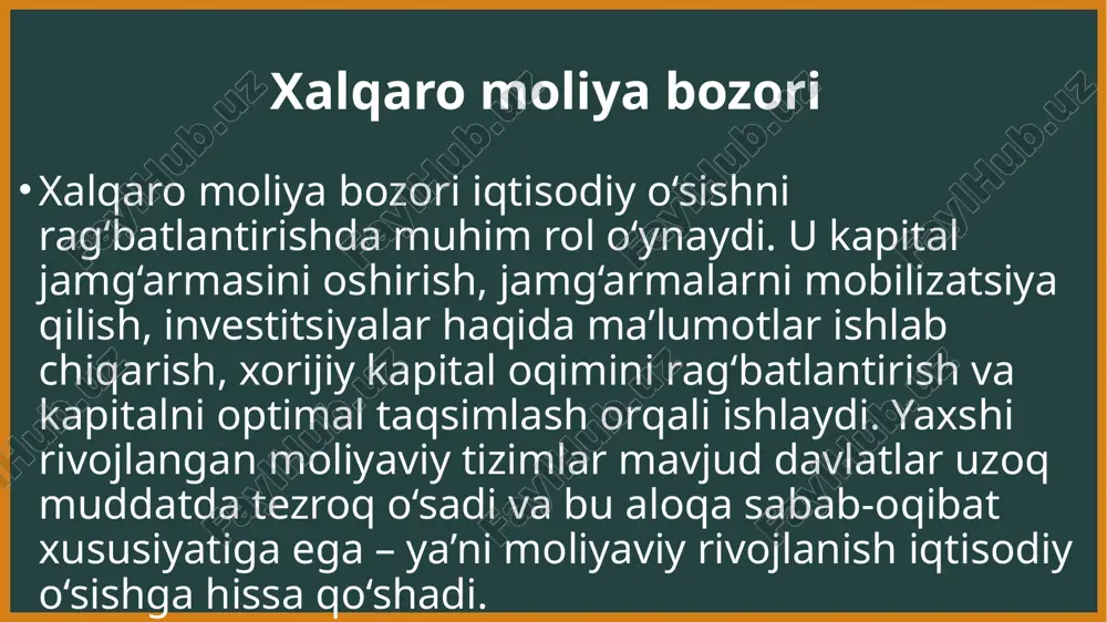 u esa moliyaviy institutlarning rivojlanishini rag‘batlantiradi. globallashuv va xorijiy kapital oqimini rag‘batlantirish: xorijiy kapital oqimini rag‘batlantirish va kapitalni optimal taqsimlash orqali bozor rivojlanadi. bu iqtisodiy o‘sishni tezlashtiradi va texnologik taraqqiyotga hissa qo‘shadi. rivojlanish usullari barqaror moliya va moliyaviy inklyuziya: barqaror moliya (yashil obligatsiyalar) va moliyaviy inklyuziya (aholi qatlamlarini bozorga jalb qilish) yangi usullar hisoblanadi. bu bozor chidamliligini oshiradi va uzoq muddatli o‘sishni ta’minlaydi. rivojlanish usullari etiboringiz uchun raxmat image1.jpeg image2.jpeg image3.jpeg image4.jpeg image5.jpeg image6.jpeg image7.jpeg image8.png
