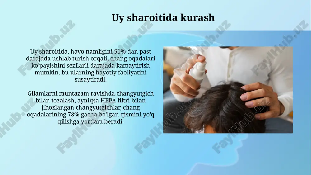 olish choralari yotoqxonada namlik darajasini 50% dan pastroq tutish muhim; bundan tashqari, chang oqadilarining ko'payishiga to'sqinlik qilish uchun maxsus namlik yutgichlardan foydalanish mumkin. allergenlar miqdorini kamaytirish uchun choyshablarni har hafta 60°c (140°f) dan yuqori haroratda yuvish kerak, bu esa chang oqadilarini yo'q qiladi va ularning najaslarini eritadi. hayot sikli va ko'payish chang oqadilarining hayot sikli taxminan 2-3 oydan iborat bo'lib, bu davrda urg'ochi oqadilar 40 dan 80 tagacha tuxum qo'yishi mumkin, bu esa tez ko'payishga olib keladi. chang oqadilarining ko'payishi jinsiy yo'l bilan amalga oshiriladi; urg'ochi oqada erkak bilan juftlushgandan so'ng bir necha hafta davomida tuxum qo'yishni davom ettirishi mumkin. e'tiboringiz uchun rahmat @taqdimot_robot image3.jpg image4.jpg image5.jpg image6.jpg image7.jpg image8.jpg image9.jpg image10.jpg image11.jpg image12.jpg image13.jpg image14.jpg image1.png