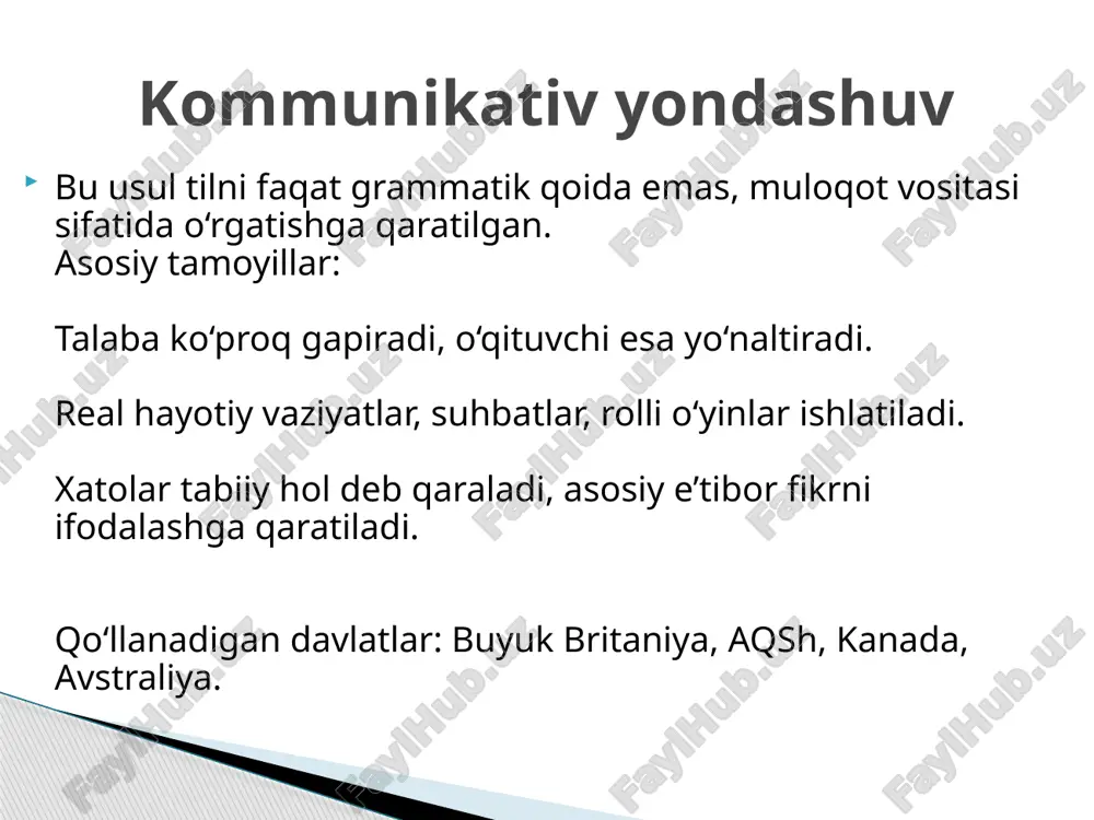 tili birinchi til sifatida 1-4-sinflarda o‘qitiladi, ikkinchi til (fransuz yoki boshqa) esa keyingi bosqichlarda. o‘quv dasturi "bitta + ikki" yondashuviga asoslangan, clil (kontent va til integratsiyalashgan o‘rganish) usuli qo‘llaniladi – masalan, fan darslari xorijiy tilda o‘tkaziladi. germaniyada til o‘qitish tajribasi metodlar kompetensiyaga asoslangan: demokratik sinf jamoasi, qo‘lga olinadigan o‘rganish va raqamli vositalar. baholash cefr bo‘yicha: 11 yoshdagilar a1, 18 yoshdagilar b2 darajasiga yetishi kerak. bu tizim ko‘p tillilikni rag‘batlantiradi, ammo migrant bolalar uchun qiyinchiliklar mavjud. ta'limi rivojlangan davlatlar tajribasi shuni ko‘rsatadiki, til o‘qitishda muvaffaqiyat kaliti – erta boshlash, individual yondashuv va texnologiyalarni integratsiya qilish. finlandiya va singapur kabi mamlakatlar majburiy ikki tillilik orqali yuqori natijalarga erishsa, aqsh va buyuk britaniya esa moslashuvchanlikka e'tibor beradi. xulosa image1.jpeg image2.jpeg image3.jpeg image4.jpeg