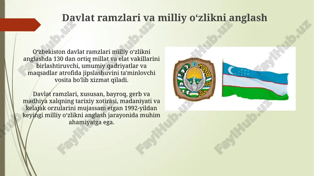 n tartibga solinadi, bu ularning maqomini saqlashga qaratilgan. davlat ramzlariga nisbatan hurmatsizlik, masalan, bayroqni yirtish yoki gerbni buzish o'zbekiston respublikasining ma'muriy javobgarlik to'g'risidagi kodeksining 203-1-moddasiga muvofiq javobgarlikka sabab bo'ladi. davlat ramzlarining ahamiyati va roli ramzlar, jumladan, davlat bayrog'i, millatning tarixiy yo'lini va qadriyatlarini aks ettiradi, turli etnik guruhlar o'rtasida o'zaro hurmat va tushunishni rivojlantiradi, hamda 130 dan ortiq millatlarning birdamligini ta'minlaydi. gerb, bayroq va madhiya kabi ramzlar davlatning xalqaro maydondagi nufuzini oshiradi. diplomatik uchrashuvlar va sport tadbirlarida o'zbekistonni ifodalash uchun 200 dan ortiq davlat bilan aloqalarni mustahkamlaydi. davlat ramzlaridan foydalanish tartibi davlat madhiyasi tantanali tadbirlarda, davlat bayramlarida va rasmiy qabullarda ijro etiladi, uning matni va musiqasi qonun bilan qat'iy belgilab qo'yilgan. o'zbekiston respublikasi davlat bayrog'i doimiy ravishda respublika prezidenti qarorgohi va oliy majlis binosi ustida ko'tarib turiladi, bu muhim siyosiy ahamiyatga ega. oʻzbekiston davlat ramzlari: xorijiy tajriba aqshning davlat madhiyasi, 'yulduzli bayroq', milliy g'urur va vatanparvarlik tuyg'ularini kuchaytiradi; o'zbekiston madhiyasi …