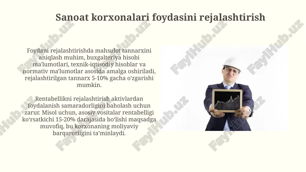 gi nuqsonlarni 8 foizga kamaytirish maqsadida sifat nazoratini kuchaytirish, qayta ishlash xarajatlarini qisqartiradi va foydaga ta'sir qiladi. ishlab chiqarish jarayonidagi xomashyo sarfini 15 foizga kamaytirish orqali, mahsulot tannarxini tushirish va sof foydani oshirish mumkin. e'tiboringiz uchun rahmat @taqdimot_robot image4.jpg image5.jpg image6.jpg image7.jpg image8.jpg image9.jpg image10.jpg image11.jpg image12.jpg image13.jpg