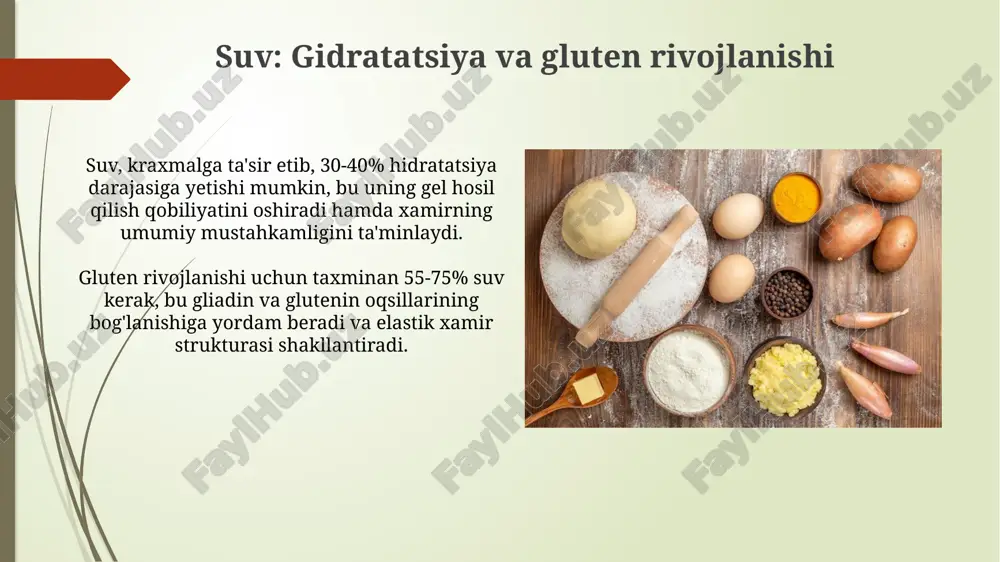 ni yaxshilaydi. tuxumning emulsiyalashuvchi xususiyatlari, ayniqsa lesitin tufayli, yog' va suvning bir tekis aralashishiga yordam berib, xamirning bir xil tuzilishini ta'minlaydi. shakar: oziqlanish va karamellashuv shakarning miqdori xamirdagi suv bilan bog'lanish darajasiga ta'sir qiladi, bu esa kraxmalning gelatinizatsiya haroratini o'zgartiradi va xamirning yumshoqligini oshiradi, strukturasini shakllantiradi. karamellashuv – bu yuqori haroratda (160-180°c) shakar molekulalarining parchalanishi, bu esa murakkab rangli va xushbo'y birikmalar hosil qiladi, xamirga o'ziga xos ta'm va ko'rinish beradi. un: tarkibi va vazifalari un tarkibida 1-2% yog'lar mavjud bo'lib, ular xamirning yumshoqligini oshiradi va uning tarkibiy qismlarini bog'lashda yordam beradi, shuningdek, ta'mga ta'sir qiladi. unning tarkibida 8-15% oqsil mavjud bo'lib, gluten shakllanishiga yordam beradi. gluten xamirning elastikligini ta'minlaydi va gazlarni ushlab turish xususiyatiga ega. e'tiboringiz uchun rahmat @taqdimot_robot image2.jpg image3.jpg image4.jpg image5.jpg image6.jpg image7.jpg image8.jpg image9.jpg image10.jpg image11.jpg image12.jpg image13.jpg