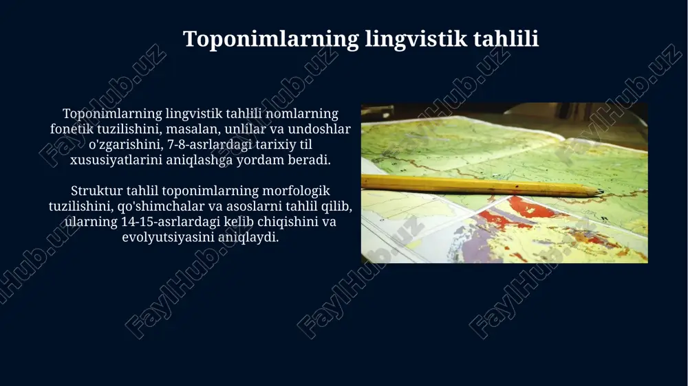 nib, 1:50000 yoki 1:100000 masshtabli xaritalarda vizualizatsiya qilinadi. geografik nomlarning tarixiy qatlamlari o'zbekistonda 700 dan ortiq qadimiy toponimlar mavjud, ular orasida sug'd, xorazm va baqtriya tillarida yaratilgan nomlar mintaqa tarixining lingvistik dalilidir. geografik nomlarning tarixiy qatlamlari 3 davrni o'z ichiga oladi: eng qadimgi substrat (miloddan avvalgi 2 ming yillik), o'rta asrlar transpozitsiyasi va 19-20-asrlar assimilyatsiyasi. topografik manbalarning turlari topografik xaritalar, masalan, 1:25,000 yoki 1:50,000 masshtabli xaritalar, relyefning balandligi, suv havzalari va o'simlik qoplamini tasvirlab, tarixiy landshaft o'zgarishlarini o'rganishga yordam beradi. geodezik ma'lumotlar, gps o'lchovlari va balandlik belgilaridan iborat bo'lib, erning aniq shaklini va balandligini aniqlashda, tarixiy er o'zgarishlarining 3d modelini yaratishga imkon beradi. topografik xaritalar va ularning ahamiyati topografik xaritalar 1:25,000 dan 1:1,000,000 gacha bo'lgan masshtablarda tuzilib, yer yuzasining uch o'lchovli tasvirini beradi, bu esa muhandislik loyihalari uchun muhimdir. topografik xaritalar joyning tabiiy va sun'iy elementlarini aniq ko'rsatadi, masalan, daryolar, o'rmonlar, yo'llar va binolar, bu esa hududni o'rganishga yordam beradi. …