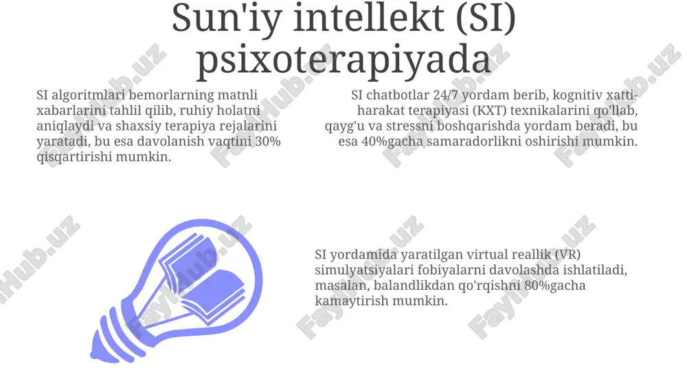 a muhim ahamiyat kasb etadi, bu esa davolash samaradorligini 50% ga oshiradi. vr (virtual reallik) terapiyasi, ayniqsa, 2030-yillarga kelib fobiyalarni davolashda, ptsdni boshqarishda va ijtimoiy ko'nikmalarni rivojlantirishda muhim rol o'ynaydi, immersiv tajribalarni taqdim etadi. kelajakda sun'iy intellekt (ai) yordamida 24/7 rejimda, har bir mijozning ehtiyojiga moslashtirilgan virtual terapiya yordamchilari keng tarqaladi, bu esa qulaylik va arzonlikni oshiradi. virtual reallik terapiyasi (vrt) vrt og'riqni boshqarish uchun ishlatiladi. masalan, kuyishdan keyingi og'riqlarni virtual o'yinlar orqali chalg'itish va og'riqni kamaytirishga erishish mumkin. virtual reallik terapiyasi (vrt) fobiyalarni davolashda samarali. taxminan 70-90% bemorlar vrt sessiyalaridan so'ng qo'rquv darajasining sezilarli pasayishini his qilishadi. vrt post-travmatik stress buzilishida (ptsb) qo'llaniladi. bemorni virtual muhitda travmatik voqeaga asta-sekin ta'sir qilish orqali qayta ishlashga yordam beradi. psixoterapiya texnologiyalari: kirish psixoterapiya texnologiyalari xxi asrda rivojlanib, kognitiv xulq-atvor terapiyasi (cbt) kabi usullarni o'z ichiga oladi, bu esa bemorning fikrlashini o'zgartirishga qaratilgan. psixoterapiya texnologiyalariga virtual reallik (vr) terapiyasi kiradi, bu esa bemorlarga …