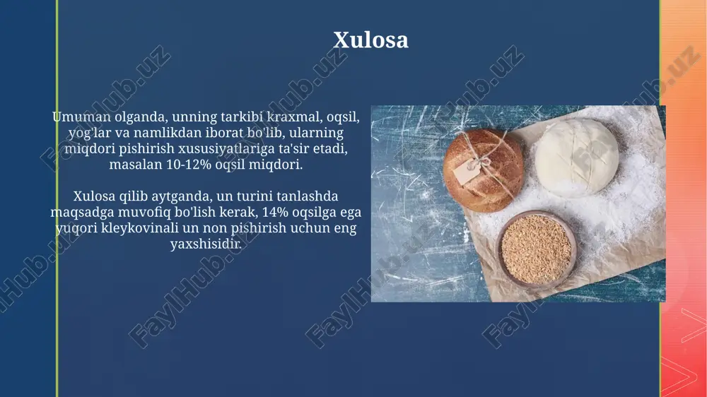 rda saqlash tavsiya etilmaydi, chunki ular havo o'tkazmaydi va unning "nafas olishi"ga to'sqinlik qiladi. kirish kirish unida kraxmal miqdori yuqori bo'lib, oqsil miqdori past bo'ladi. bu uning engil va mayin teksturaga ega bo'lishiga sabab bo'ladi va nozik qandolat mahsulotlari uchun ideal tanlovdir. "kirish" bug'doy uni odatda maydalangan bug'doy donalaridan tayyorlanadi, unda kepak yoki uning tarkibiy qismlaridan foydalanilmaydi, u maxsus qayta ishlash jarayonidan o'tadi. e'tiboringiz uchun rahmat @taqdimot_robot image5.jpg image6.jpg image7.jpg image8.jpg image9.jpg image10.jpg image11.jpg image12.jpg image13.jpg image14.jpg image15.jpg image16.jpg image1.png image2.png