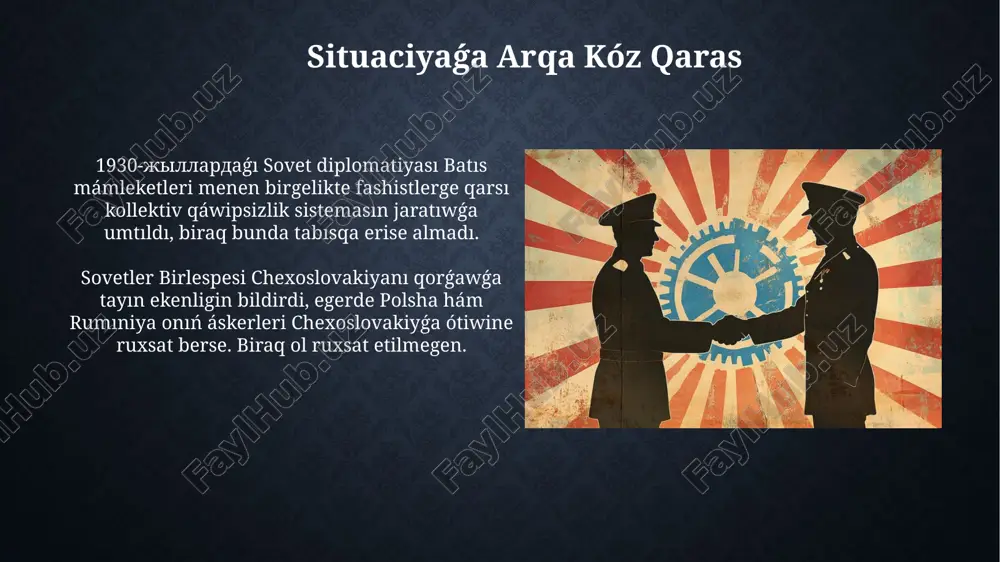 iy aralasıw múnhenden keyin tiyimli bolıwı múmkin edi, biraq bunday háreketler úlken qurbanlıqlarǵa alıp keliwi múmkin edi. chexoslovakiyanıń jaǵdayı chexoslovakiyanıń qorǵanıw strategiyası sudet regionında jaylasqan áskeriy bekkemlerdi joyıtıwǵa májbúr boldı, bul bolsa mámlekettiń qáwipsizligin qáwipli etip qoydı. chexoslovakiyanıń siyasiy jaǵdayı kúnnen-kúnge nasharlap bardı, sebebi 1938-jılǵı kelisimnen keyin polsha hám vengriya da chexoslovakiyadan aymaqlardı talap etiwdi basladı. ekinshi jer júzlik urıstıń baslanıwına tásiri múnhen kelisimi 1938-jılda gitlerge chexoslovakiyanıń sudet regionın anneksiya qılıwǵa ruxsat berip, agressiyanıń aldın almaw siyasetin kúsheytti hám urıs qáwpin arttırdı. kelisim demokratiyalıq mámleketlerdiń isenimsizligin kórsetti, sovet awqamınıń ǵárezsiz shártnamalar dúziw háreketlerine tásir etip, 1939-jılda germaniya menen ribbentrop-molotov paktin dúziwge sebep boldı. nazariңiz үshіn raxmet @taqdimot_robot image3.jpg image4.jpg image5.jpg image6.jpg image7.jpg image8.jpg image9.jpg image10.jpg image11.jpg image12.jpg image13.jpg image14.jpg image15.jpg