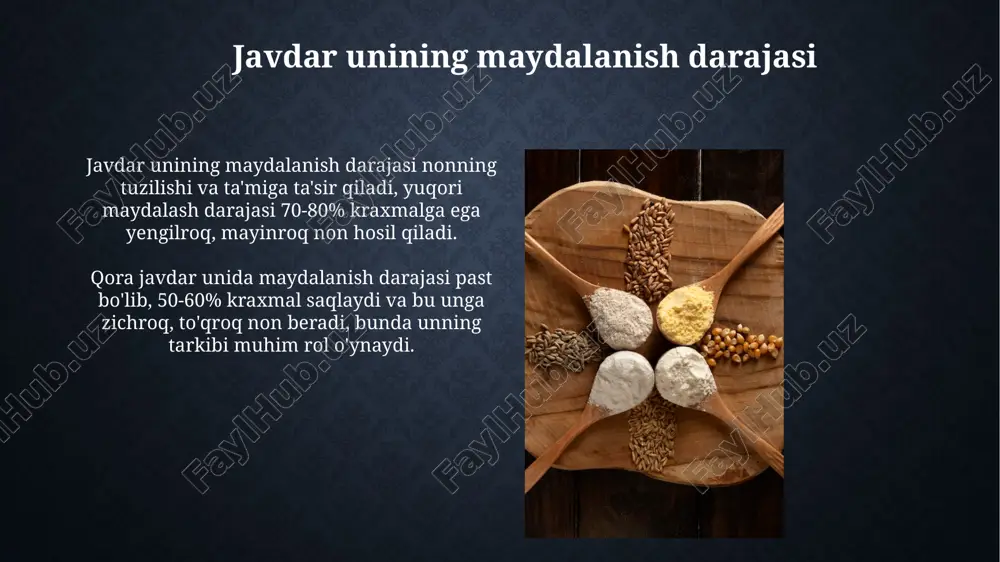esa silliq va bir xil mahsulot olish imkonini beradi. unni maqsadga mos tanlang. oq javdar uni "oq javdar uni" tarkibida taxminan 0.75% kul mavjud va bu undan tayyorlangan nonning yengil rangga ega bo'lishini ta'minlaydi, oq bug'doy uniga o'xshashlik yaratadi. "oq javdar uni" odatda javdar nonining tuzilishini yaxshilash uchun boshqa unlar bilan aralashtiriladi, ayniqsa 10-20% miqdorda qo'shilsa, elastiklikni oshiradi. to'q javdar uni ushbu un turi tarkibida yuqori miqdorda pentozanlar mavjud bo'lib, ular xamirning yopishqoqligini oshiradi, lekin gluten hosil qilmaydi, shuning uchun ko'pikli nonlar uchun mos keladi. to'q javdar uni tarkibida taxminan 6-8% oqsil bo'lib, bu boshqa un turlariga nisbatan kamroqdir, lekin uning tarkibida ko'p miqdorda b vitaminlari va minerallar mavjud. e'tiboringiz uchun rahmat @taqdimot_robot image3.jpg image4.jpg image5.jpg image6.jpg image7.jpg image8.jpg image9.jpg image10.jpg image11.jpg image12.jpg image13.jpg image14.jpg