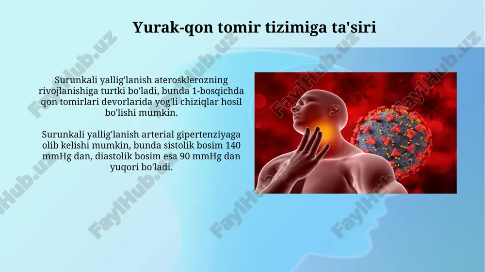 bog'liqlik surunkali yallig'lanish 2-toifa diabetda insulin qarshiligini kuchaytiradi, bu esa qonda glyukoza miqdorining ko'payishiga olib keladi, ya'ni giperglikemiyaga sabab bo'ladi. semizlik, ayniqsa visseral yog'ning to'planishi, pro-yallig'lanish sitokinlari, masalan, tnf-α va il-6 ning oshishi orqali metabolik disfunktsiyaga olib kelishi mumkin. neyrodegenerativ kasalliklar bilan bog'liqlik neyroyallig'lanish - bu immunitet hujayralarining faollashuvi va sitokinlarning chiqarilishi natijasida kelib chiqadigan surunkali yallig'lanish turi bo'lib, neyronlarning disfunktsiyasiga olib keladi. surunkali yallig'lanish neyrodegenerativ kasalliklar, masalan, altsgeymer kasalligi va parkinson kasalligi patogenezida muhim rol o'ynaydi, miya to'qimalarining progressiv shikastlanishiga olib keladi. e'tiboringiz uchun rahmat @taqdimot_robot image3.jpg image4.jpg image5.jpg image6.jpg image7.jpg image8.jpg image9.jpg image10.jpg image11.jpg image12.jpg image13.jpg image1.png