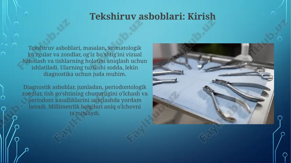 ydi. kondensatorlar (pluggerlar) kompozit materiallar uchun mo'ljallangan kondensatorlar odatda yopishmaydigan qoplamaga ega, bu materialning asbobga yopishib qolishini oldini oladi va qo'llashni osonlashtiradi. amalgam kondensatorlarida silliq yuzalar mavjud bo'lib, ular amalgan zarralarini bir-biriga mahkam bosishga yordam beradi, shu bilan mustahkam va uzoq muddatli restavratsiyaga erishiladi. boshqa to'ldirish asboblari karbiddan yasalgan o'ymakorlar, masalan, hollenbek o'ymakori amalgamni o'rnatgandan so'ng keraksiz materialni olib tashlash uchun ishlatiladi, aniq anatomik xususiyatlarni ta'minlaydi. amalgam tashuvchilar amalgamni aralashtirish joyidan bevosita teshikka yetkazish uchun ishlatiladi, turli oʻlchamdagi uchlari va plunjer mexanizmlari orqali oson joylashtirishni taʼminlaydi. aralashtirish uchun asboblar: kirish kapsulali aralashtirgichlar (masalan, amalgamatorlar) amalgam kabi kapsulalangan materiallarni aralashtirish uchun ishlatiladi; raqamli taymerlar va tezlikni nazorat qilish xususiyatlariga ega bo'lishi mumkin. qo'lda aralashtirish spatulalari gips, tsement kabi materiallarni aralashtirish uchun ishlatiladi. ular zanglamaydigan po'latdan yasalgan bo'lib, har xil o'lchamlarda bo'ladi va aralashtirish uchun idish bilan birga ishlatiladi. to'ldirish uchun asboblar: kirish amalgam carrier, condenser va burnisher kabi to'ldirish asboblari, odatda, …