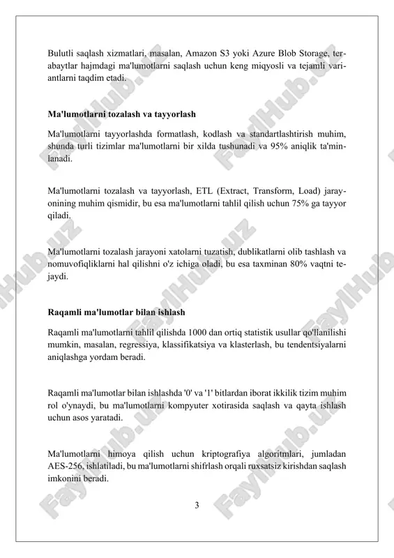 ar axloqi shaxsiy ma'lumotlarni himoya qilishni nazarda tutadi, ya'ni 1998-yildagi coppa kabi qonunlar orqali bolalarning onlayn ma'lumotlari xavfsizligini ta'minlash muhimdir. katta ma'lumotlar bilan ishlash big data loyihalarida etl (extract, transform, load) jarayoni muhim ahamiyatga ega, bu jarayon ma'lumotlarni tozalash, o'zgartirish va tahlil qilish uchun ma'lumot omboriga yuklashdan iborat. katta ma'lumotlar bilan ishlash 4v (hajm, tezlik, xilma-xillik, ishonchlilik) tushunchalarini qamrab oladi, ularni samarali qayta ishlash uchun hadoop va spark kabi texnologiyalar qo'llaniladi. nosql ma'lumotlar bazalari katta hajmdagi va tuzilmasiz ma'lumotlarni (masalan, ijtimoiy tarmoqlar ma'lumotlari) boshqarish uchun ishlatiladi, sql bazalaridan farqli ravishda moslashuvchan sxemaga ega. ma'lumotlarni yig'ish usullari onlayn so'rovnomalar 1000 dan ortiq javobni avtomatik ravishda yig'ishi, xatolarni kamaytirishi va ma'lumotlarni real vaqtda tahlil qilish imkonini beradi. ijtimoiy tarmoqlar api-lari demografik ma'lumotlarni, tendentsiyalarni aniqlash va marketing kampaniyalari samaradorligini 75% ga baholash uchun ishlatiladi. sensorlar, masalan, iot qurilmalari, har sekundda 5000 dan ortiq o'lchovlarni yig'ishi, muhim tendentsiyalarni aniqlashga yordam beradi. ma'lumotlarni tahlil qilish …