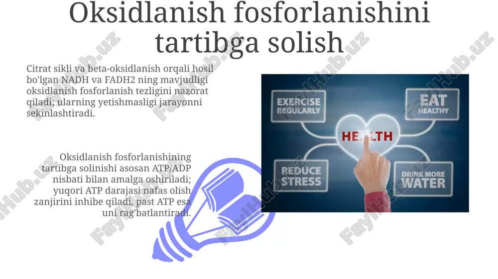 solish krebs siklining tartibga solinishi asosan substrat mavjudligi bilan bog'liq; masalan, atsetil-koa ning yuqori konsentratsiyasi siklni tezlashtiradi. siklni tartibga solish fermentlar faolligiga ham bog'liq, jumladan, sitrat sintaza va izotsitrat dehidrogenaza, ular atp va nadh tomonidan ingibirlanadi. glyukoneogenezni tartibga solish glyukagon glyukoneogenezni stimullaydi; u camp darajasini oshiradi, bu esa protein kinaza a ni faollashtiradi va glyukoneogenez fermentlarining fosforlanishiga olib keladi. glyukoneogenezning tartibga solinishi asosan energiya yuklanishiga bog'liq; yuqori atp va sitrat darajalari fruktosa-1,6-bisfosfatazani faollashtirib, glikolizni inhibe qiladi. glikolizni tartibga solish 01 02 piruvat kinaza glikolizning oxirgi bosqichini tartibga soladi, atp va alanin uni ingibirlaydi, fruktoza-1,6-bisfosfat esa faollashtiradi, metabolik oqim va energiya ehtiyojlari o'rtasidagi bog'liqlikni ta'minlaydi. sales 1st qtr 2nd qtr 100 0 sales 1st qtr 2nd qtr 100 0 e'tiboringiz uchun rahmat @taqdimot_robot image5.jpg image6.jpg image7.jpg image8.jpg image9.jpg image10.jpg image11.jpg image12.jpg image13.jpg image14.jpg image15.jpg image16.jpg image1.jpeg image2.jpeg image3.jpeg