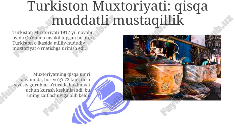k deklaratsiyasi»ni eʼlon qildi. ushbu deklaratsiya respublikaning siyosiy suverenitetini belgilab berdi. 1991-yil 31-avgustda oʻzbekiston respublikasi mustaqilligi eʼlon qilindi va 29-dekabrda referendum oʻtkazilib, xalqning mutlaq koʻpchiligi mustaqillikni qoʻllab-quvvatladi. sovet hokimiyati oʻrnatilishi va oʻzbekiston ssr 1924-yilda milliy-hududiy chegaralanish natijasida turkiston assr tugatilib, oʻzbekiston ssr tashkil topdi, bu esa sovet ittifoqi tarkibida yangi respublikaning paydo boʻlishiga olib keldi. paxta yakkahokimligi siyosati natijasida oʻzbekiston ssr iqtisodiyoti qishloq xoʻjaligiga yoʻnaltirilib, respublikaning atrof-muhitiga salbiy taʼsir koʻrsatdi va resurslar yetishmasligiga olib keldi. oʻzbekiston ssrning iqtisodiy va madaniy rivojlanishi (1920-1980 yillar) 01 02 1920-1930 yillarda paxtachilikning jadal rivojlanishi, uning monokulturaga aylanishiga sabab boʻldi, natijada respublika qishloq xoʻjaligi boshqa tarmoqlari deyarli eʼtibordan chetda qoldi. sales 1st qtr 2nd qtr 100 0 sales 1st qtr 2nd qtr 100 0 buxoro xonligi: siyosiy tuzum va boshqaruv davlat boshqaruvida markaziy apparat muhim rol oʻynagan. unga sadr, qoʻshbegi, devonbegi kabi yuqori lavozimli amaldorlar kirgan, ularning har biri maʼlum vazifalarni bajargan. xonlik hududi viloyatlarga …