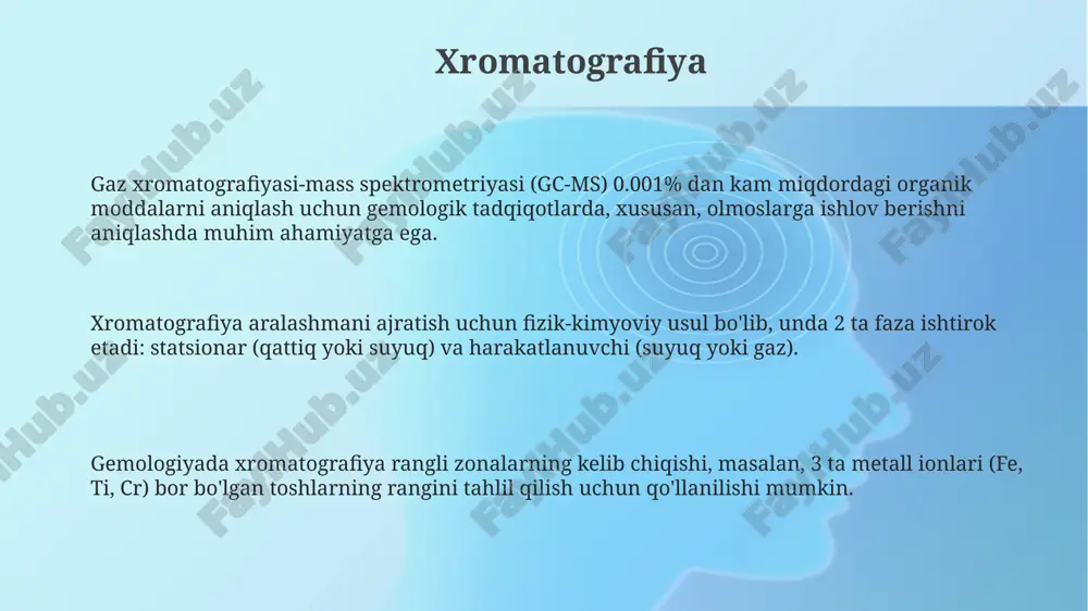 sh uchun ishlatiladigan analitik usuldir. gemologiyada spektroskopiya rang beruvchi elementlar, masalan, xrom (cr 3+) ning spektrdagi yutilish chiziqlarini aniqlash orqali qimmatbaho toshlarni identifikatsiya qilishda qo'llaniladi. uv vis spektroskopiyasi 200 nm dan 800 nm gacha bo'lgan diapazonda yutilishni o'lchaydi, rang beruvchi ionlarning elektron o'tishlarini aniqlash va toshning rangini tushuntirish uchun ishlatiladi. e'tiboringiz uchun rahmat @taqdimot_robot image1.png