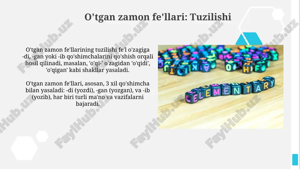 arning bilim olish samaradorligini 25% ga ko'paytirdi. kelasi zamon fe'llari: asoslar o'tgan zamon fe'llari voqea-hodisaning nutq so'zlanishidan avval sodir bo'lganini ko'rsatadi, masalan, 'o'qidi', 'yozdi' kabi fe'llar buni aniq ifodalaydi. 'kelasi zamon fe'llari'da 'kelasi' so'zi vaqt o'tishi bilan bog'liq bo'lib, 'fe'llari' esa harakatni ifodalovchi so'z turkumini anglatadi, bu muhim tushunchadir. innovatsiyalarda kelasi zamon "sun'iy intelekt 5.0" kelajakda odamlarga yordam beradi, masalan, sog'liqni saqlash sohasida aniq diagnoz qo'yish va 2027-yildan boshlab ko'rsatkichlarni yaxshilash. 2030-yilga kelib "bio-printing 3d" texnologiyasi yangi organlarni yaratishga imkon beradi, bu esa transplantatsiya sohasida katta o'zgarishlar yasaydi. 21-asr innovatsiyalari: kirish 21-asr innovatsiyalari texnologik, ijtimoiy va ekologik sohalarda sezilarli yutuqlarni o'z ichiga oladi, masalan, sun'iy intellektning rivojlanishi va qayta tiklanadigan energiya manbalarining keng qo'llanilishi. genomni tahrirlashning crispr texnologiyasi va 3d bosma qurilmalari 21-asr innovatsiyalarining yorqin namunasidir, bu tibbiyot, ishlab chiqarish va qurilish sohalarida katta o'zgarishlar olib kelmoqda. o'tgan zamon fe'llari: misollar o'tgan zamon fe'llarining tuzilishi fe'l o'zagiga qo'shimchalar qo'shish orqali …