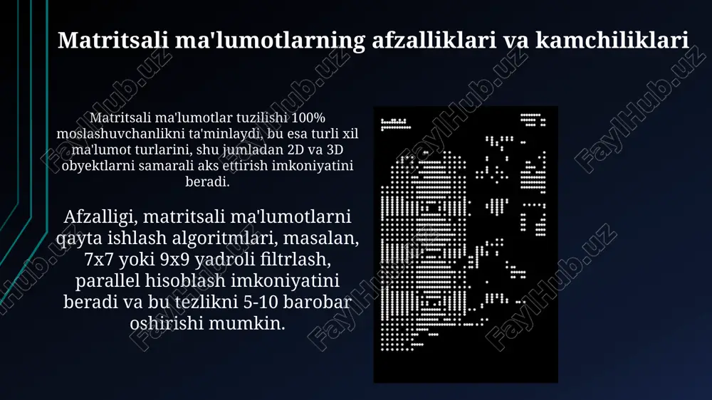 rtirish oson, vektorli modellarda esa geometrik ob'ektlarni o'zgartirish ko'proq texnik bilimni talab etadi, masalan koordinatalarni o'zgartirish kerak. raster ma'lumotlar hajmi vektorli ma'lumotlarga qaraganda katta bo'lishi mumkin, ayniqsa yuqori aniqlikdagi tasvirlar uchun. vektorli ma'lumotlar kichikroq hajmda saqlanadi, lekin murakkab analiz uchun qo'shimcha hisoblash talab etadi. geodezik ma'lumotlarni matritsali va vektorli modellarda ifodalash geodezik ma'lumotlarni vektorli modelda ifodalash topologik ma'lumotlarni (masalan, 4 ta qo'shni uchastka) saqlash imkonini beradi, bu esa tahlil va vizualizatsiyani osonlashtiradi. matritsali modelda geodezik ma'lumotlar piksel qiymatlari bilan ifodalanadi, masalan, 12 bitlik raqamli balandlik modeli har bir pikselda balandlikni ko'rsatadi. rasterli xaritalar: tuzilishi va qo'llanilishi raster ma'lumotlari masofadan zondlash natijalari, masalan, sun'iy yo'ldosh tasvirlari va aerofotosuratlar uchun keng qo'llaniladi, chunki ular yer yuzasining 30 sm dan 1 km gacha bo'lgan hududini qamrab oladi. raster xaritalar piksel deb ataluvchi 2d kataklardan iborat bo'lib, har bir piksel ma'lum bir qiymatga ega, masalan, rang yoki balandlik, bu esa 16 million rangni ifodalash …