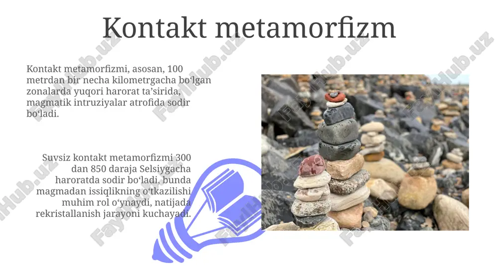 hlar uchta asosiy turga bo'linadi: magmatik (otqindi), cho'kindi va metamorfik. har bir tur o'ziga xos shakllanish sharoitlariga va mineral tarkibiga ko'ra farqlanadi va yer tarixi haqida ma'lumot beradi. toshlarning ahamiyati juda katta, ular qurilish materiallari, metallarning manbai, energiya ishlab chiqarish va tuproq hosil bo'lishida muhim rol o'ynaydi, shuningdek, geologik tarixni o'rganish uchun ham zarur. cho'kindi tog' jinslari: shakllanish jarayonlari cho'kindi tog' jinslari erta diogenez bosqichida 10 metrdan kam bo'lmagan chuqurlikda zichlashadi, suv yo'qotadi va ilk kimyoviy o'zgarishlarni boshdan kechiradi. kimyoviy cho'kindi jinslar suvda erigan minerallarning kimyoviy cho'kishi natijasida hosil bo'ladi, masalan, ohaktosh (caco3) okean suvining to'yinganligi natijasida hosil bo'ladi. metamorfik tog' jinslari: o'zgarishlar va turlari 01 02 metamorfik tog‘ jinslari 200-1000°c harorat va yuqori bosim ostida o‘zgaradi, bu esa mineral tarkibi va tuzilishida sezilarli o‘zgarishlarga olib keladi, masalan, slanetsdan gneyss hosil bo‘lishi. sales 1st qtr 2nd qtr 100 0 sales 1st qtr 2nd qtr 100 0 e'tiboringiz uchun rahmat @taqdimot_robot …