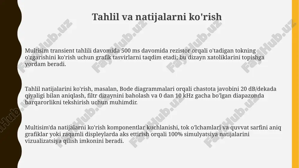 a'sir qiladi. simulyatsiya sozlamalari global parametrlar, komponent toleranslari va haroratni (masalan, 27 daraja selsiy) o'rnatish imkoniyatini beradi, bu real dunyo xatti-harakatlarini taqlid qiladi. simulyatsiya sozlamalari turli tahlil turlarini, masalan, vaqtinchalik (0 dan 10 ms gacha) yoki ac sweep (10 hz dan 10 khz gacha) ni aniqlash imkonini beradi. e'tiboringiz uchun rahmat @taqdimot_robot